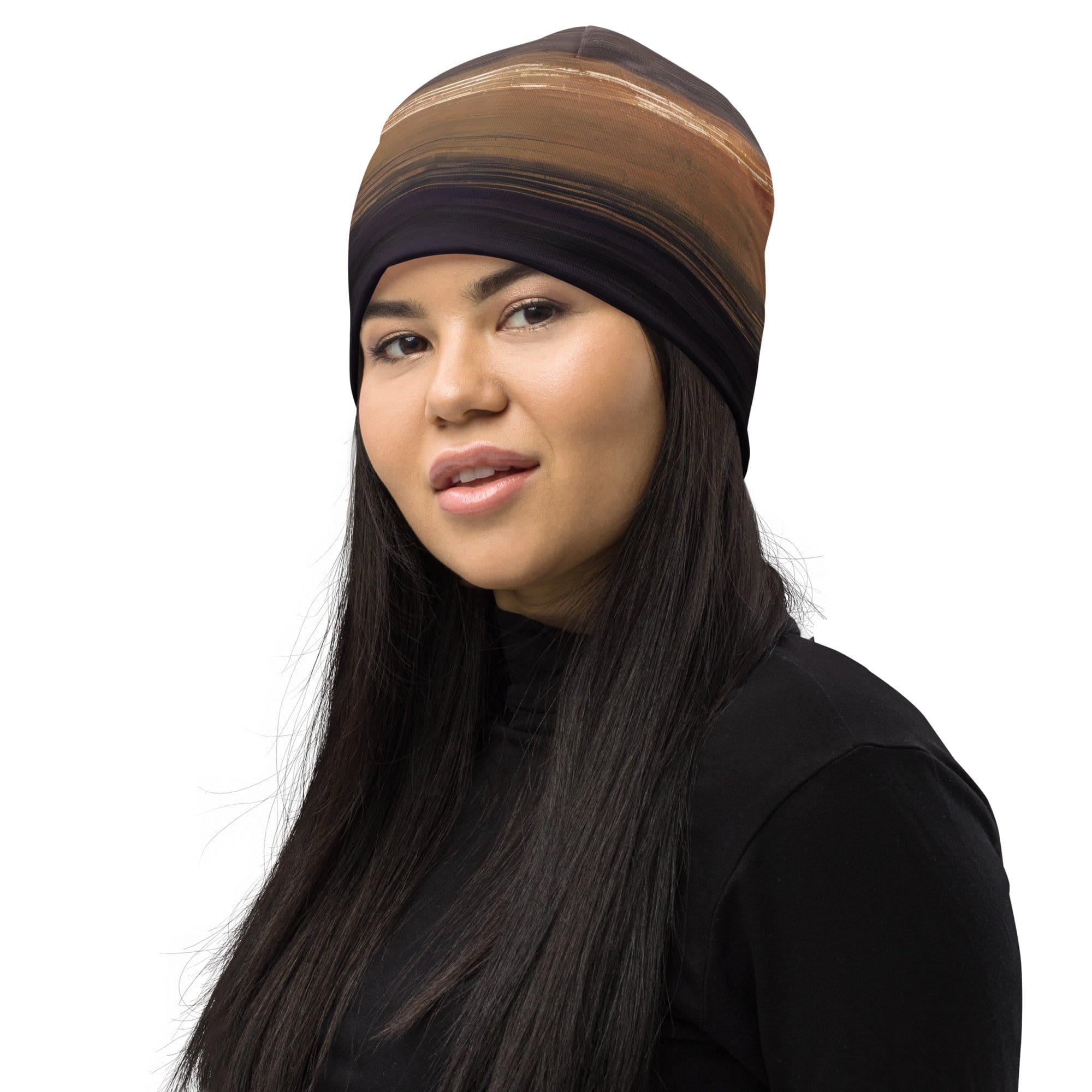 Double-layered beanie hat in rustic purple and brown design, showcasing its soft fabric and stylish appearance.