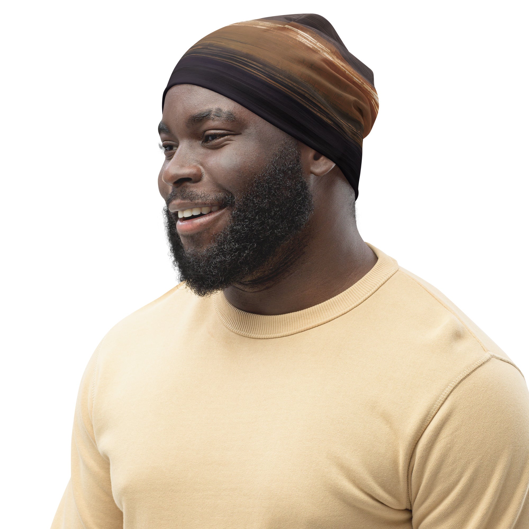 Double-layered beanie hat in rustic purple and brown design, showcasing its soft fabric and stylish appearance.