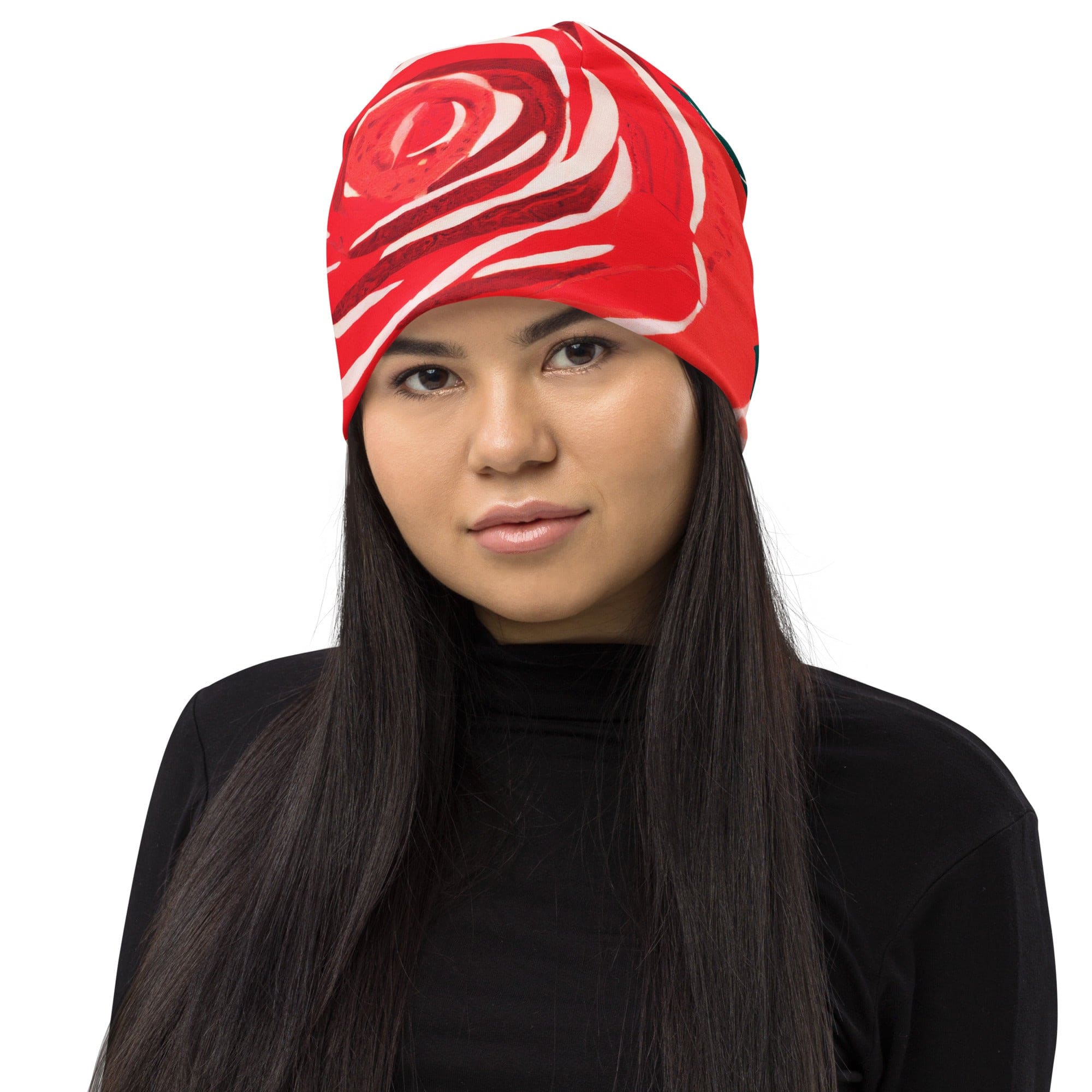 Double-layered beanie hat featuring a rustic red roses design, perfect for winter and stylish outfits.