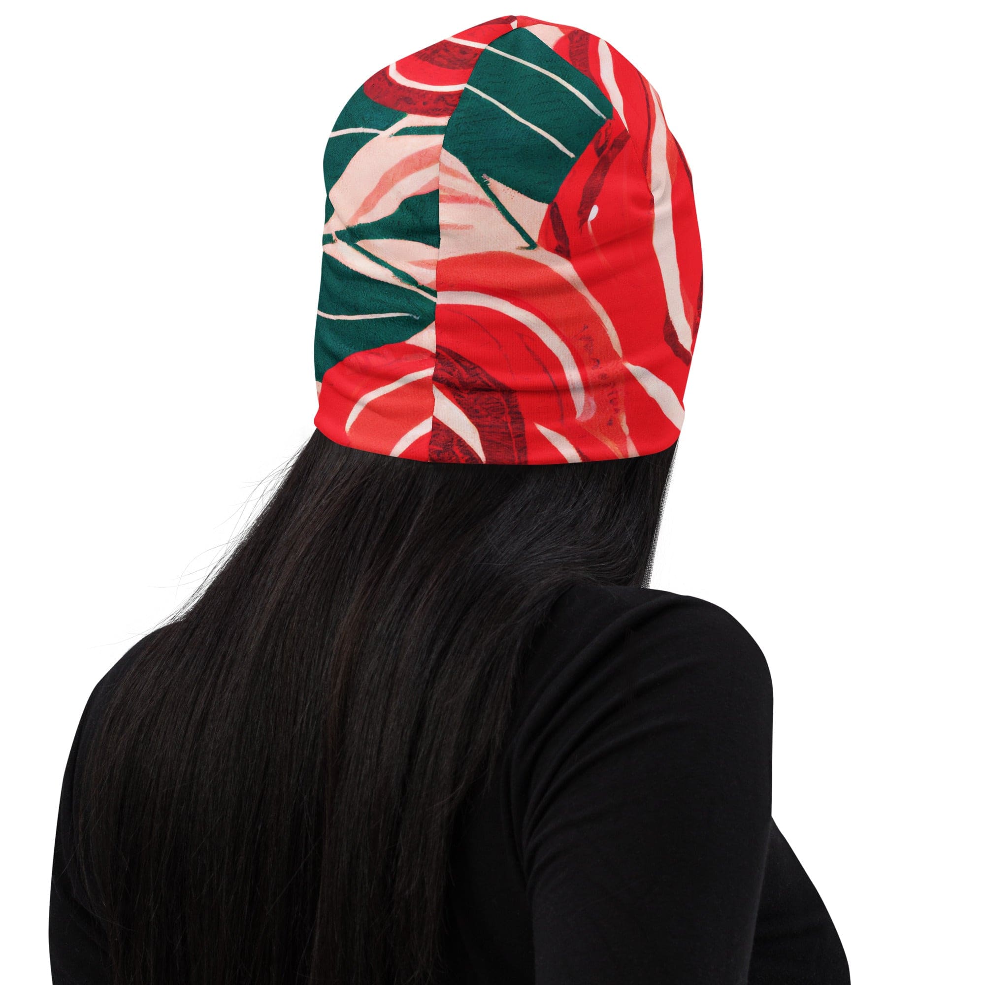 Double-layered beanie hat featuring a rustic red roses design, perfect for winter and stylish outfits.