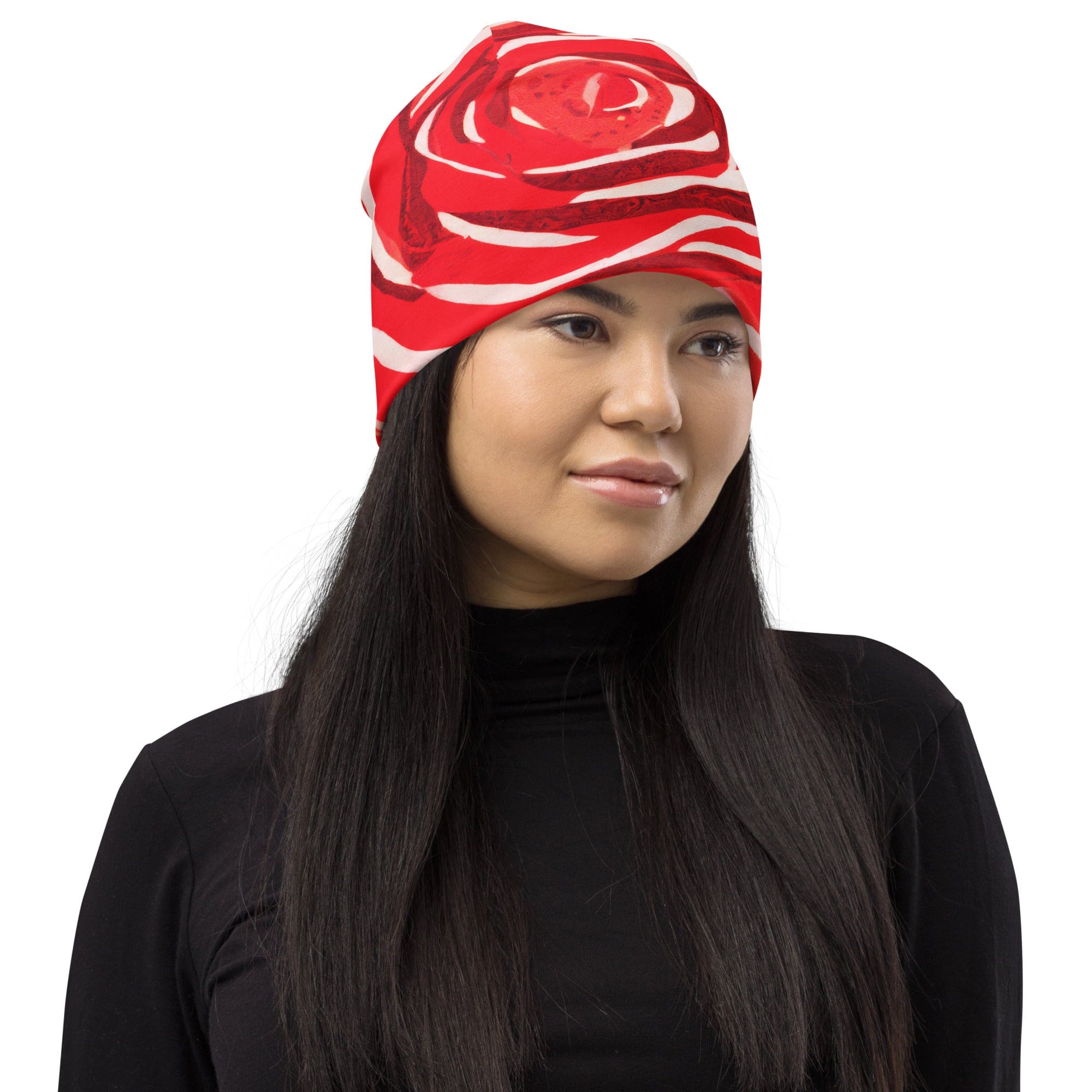 Double-layered beanie hat featuring a rustic red roses design, perfect for winter and stylish outfits.