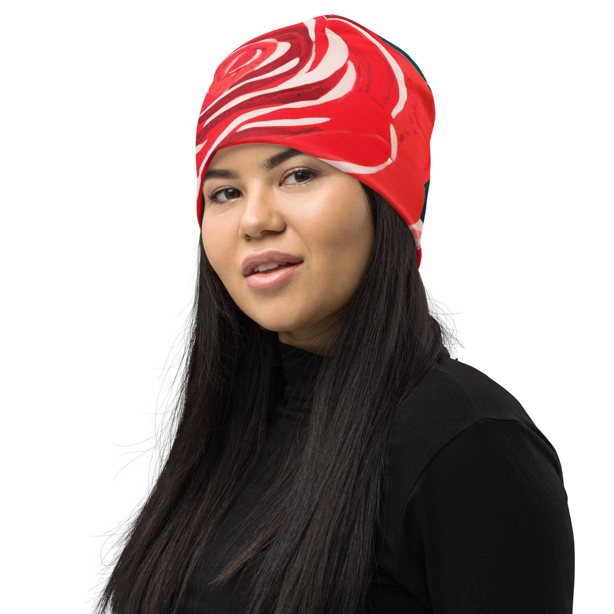 Double-layered beanie hat featuring a rustic red roses design, perfect for winter and stylish outfits.