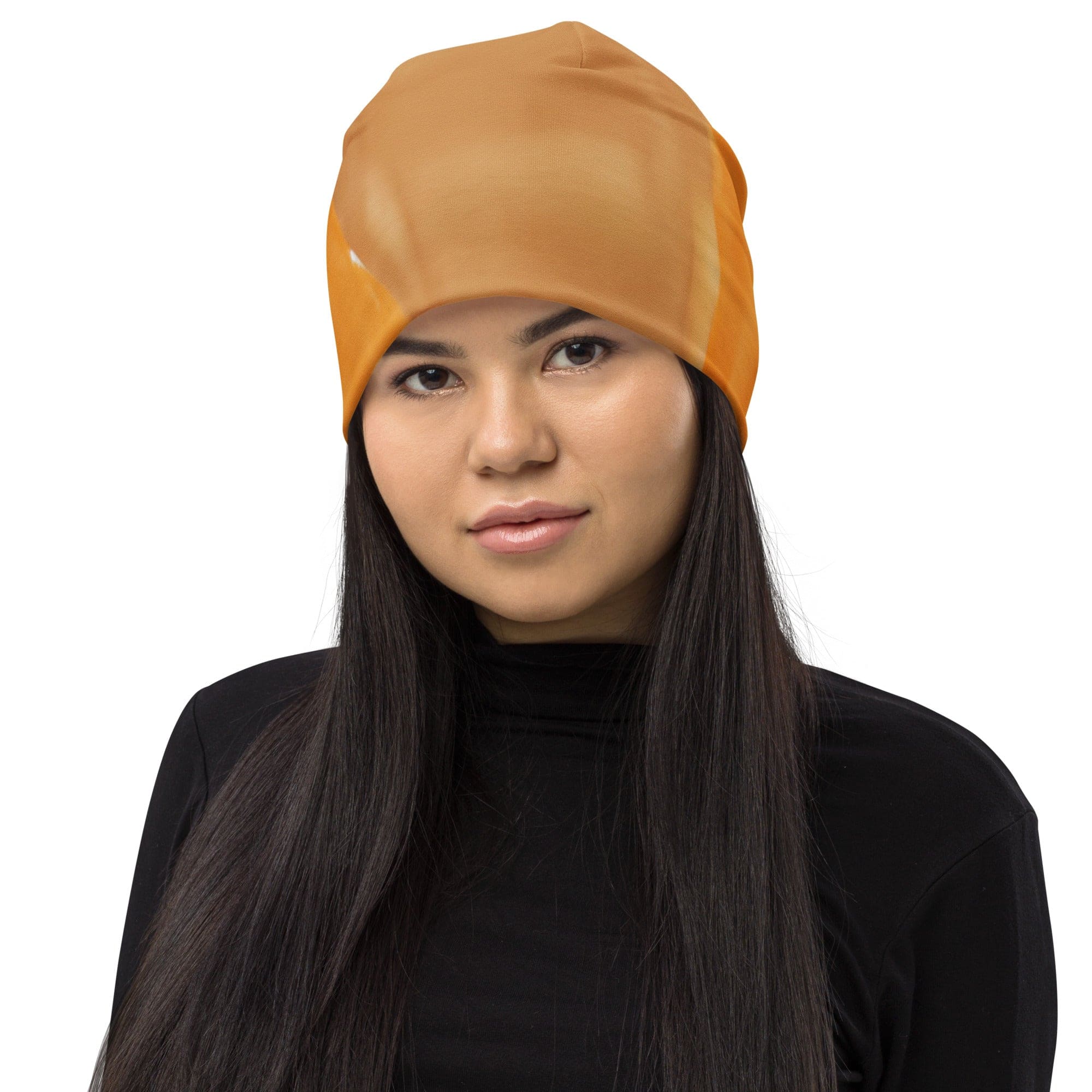 Double-layered beanie hat featuring a yellow and brown abstract pattern, perfect for winter and stylish outfits.