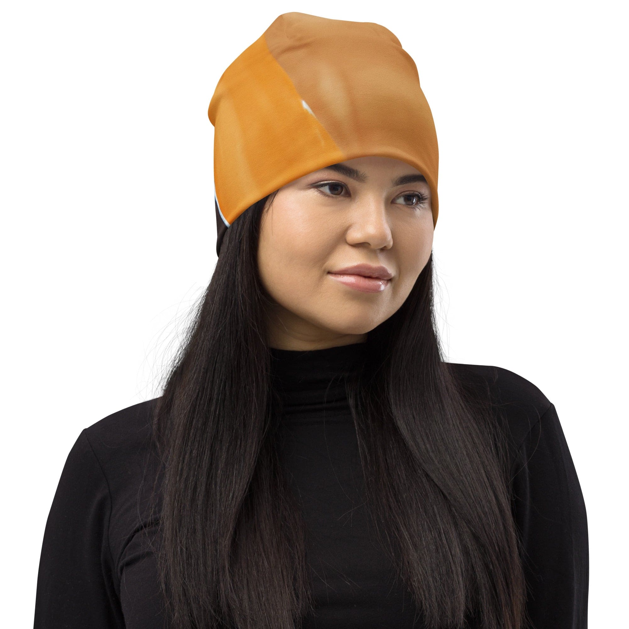 Double-layered beanie hat featuring a yellow and brown abstract pattern, perfect for winter and stylish outfits.