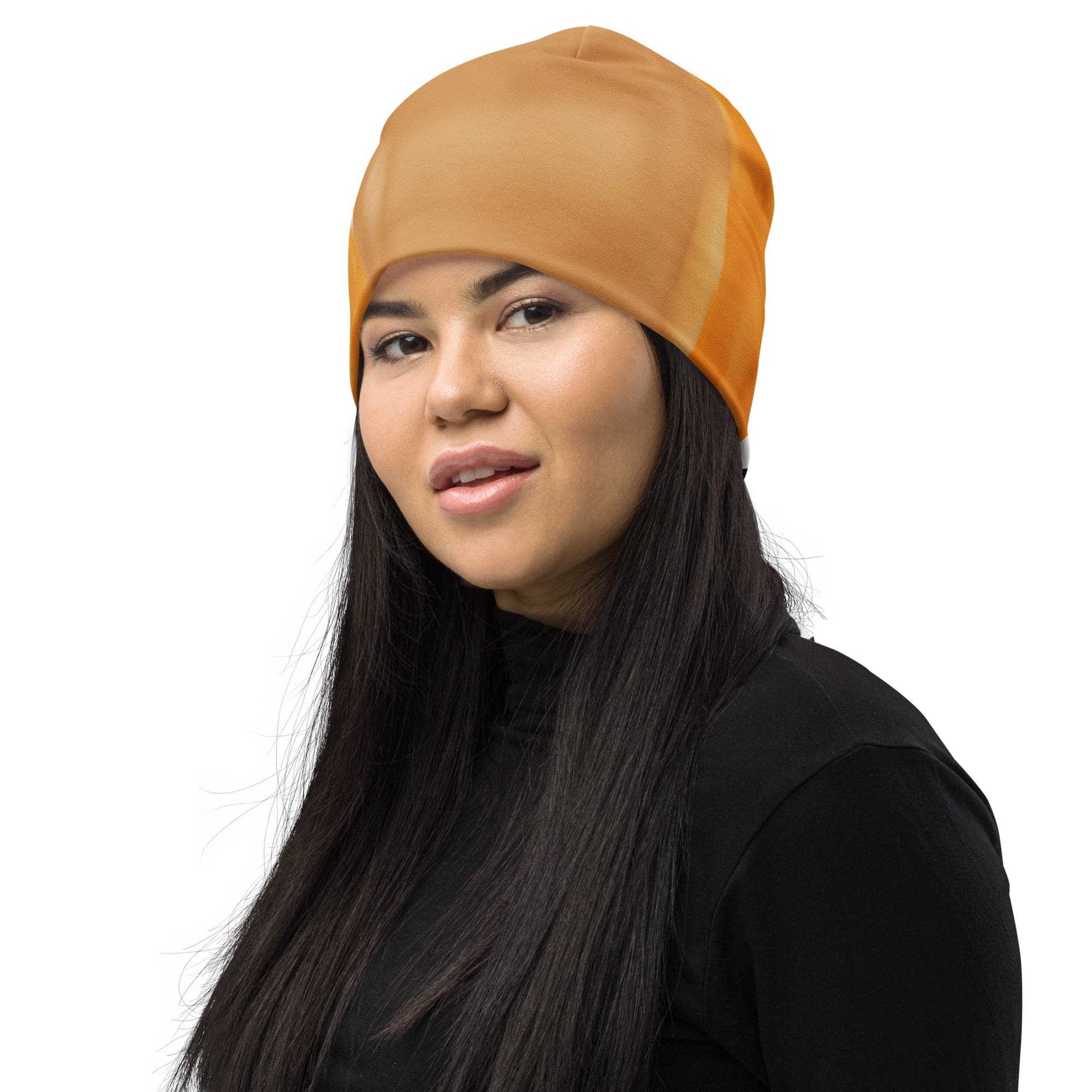 Double-layered beanie hat featuring a yellow and brown abstract pattern, perfect for winter and stylish outfits.