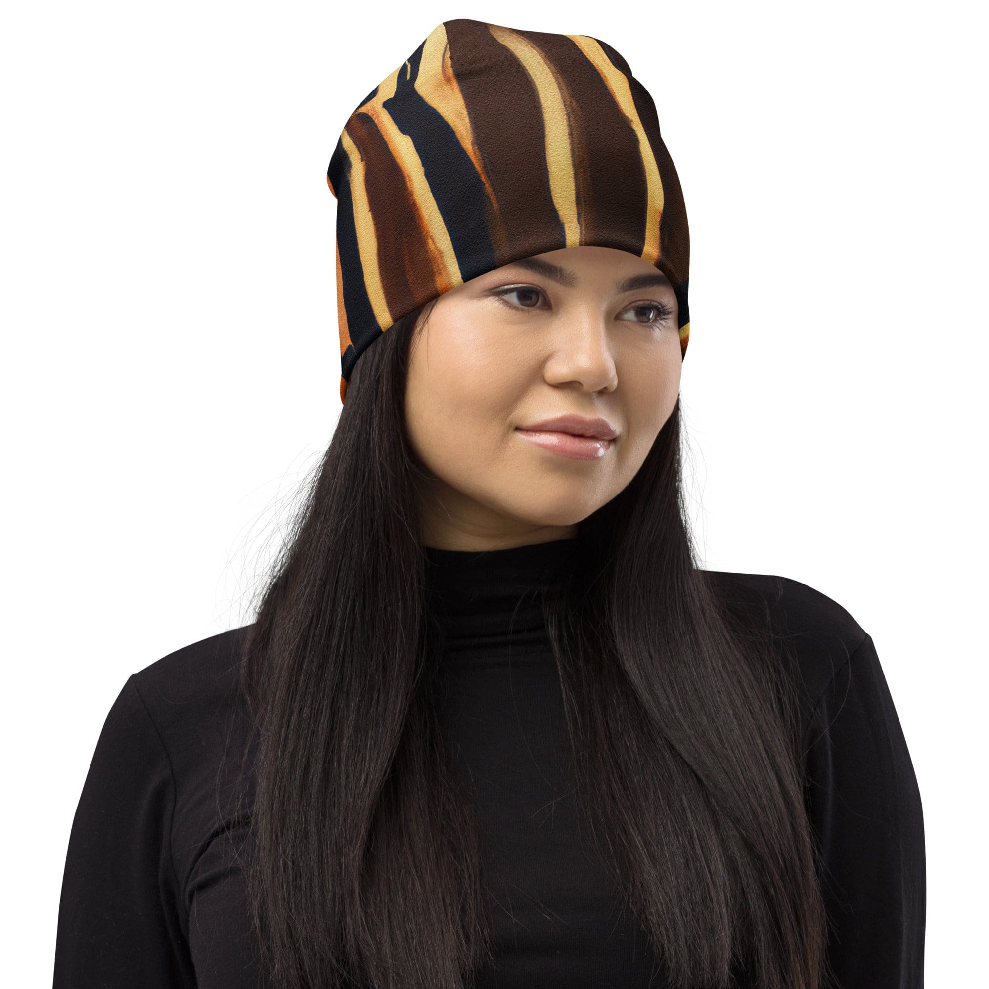 Double-layered beanie hat featuring a unique Zorse Lines Print, showcasing its stylish design and soft fabric.