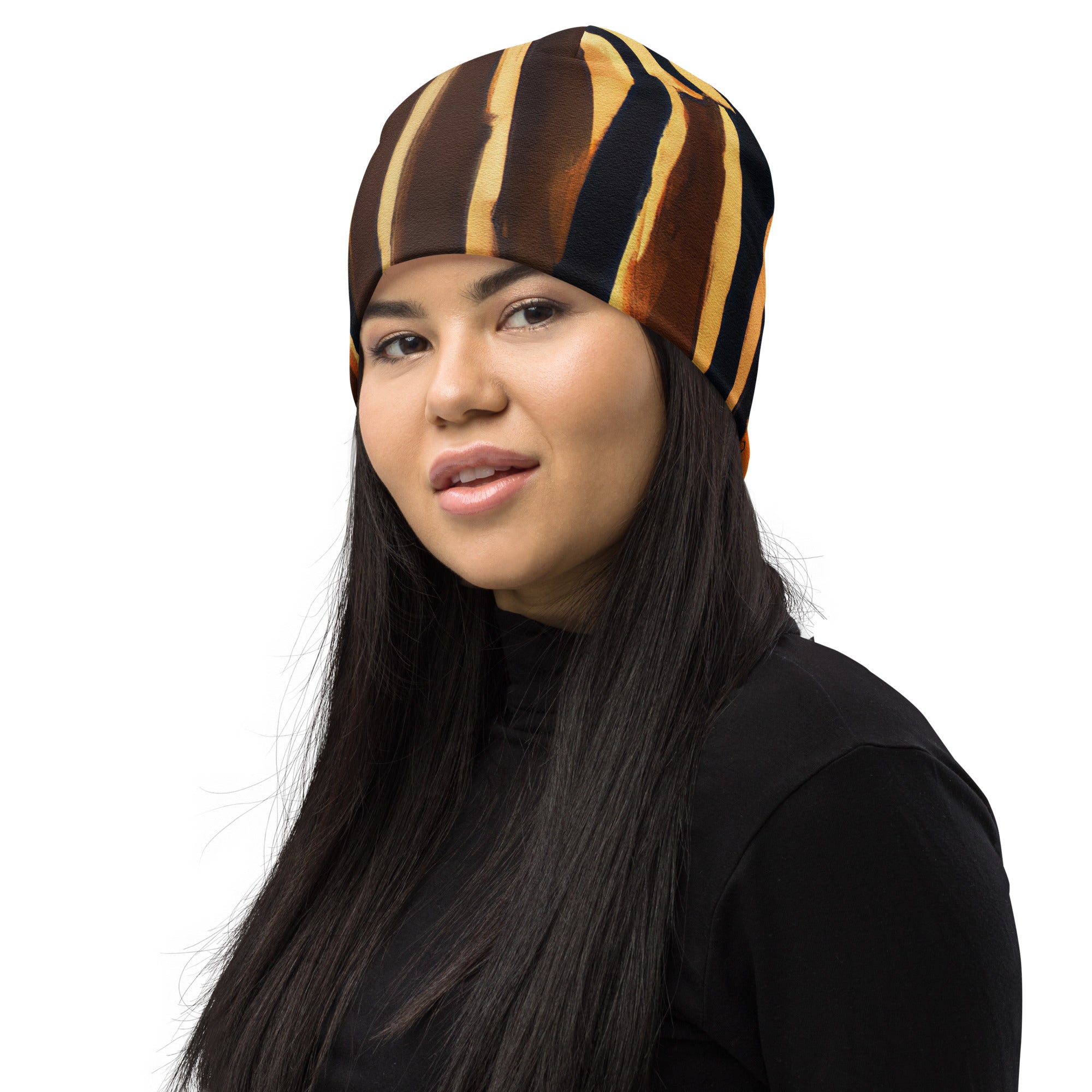 Double-layered beanie hat featuring a unique Zorse Lines Print, showcasing its stylish design and soft fabric.