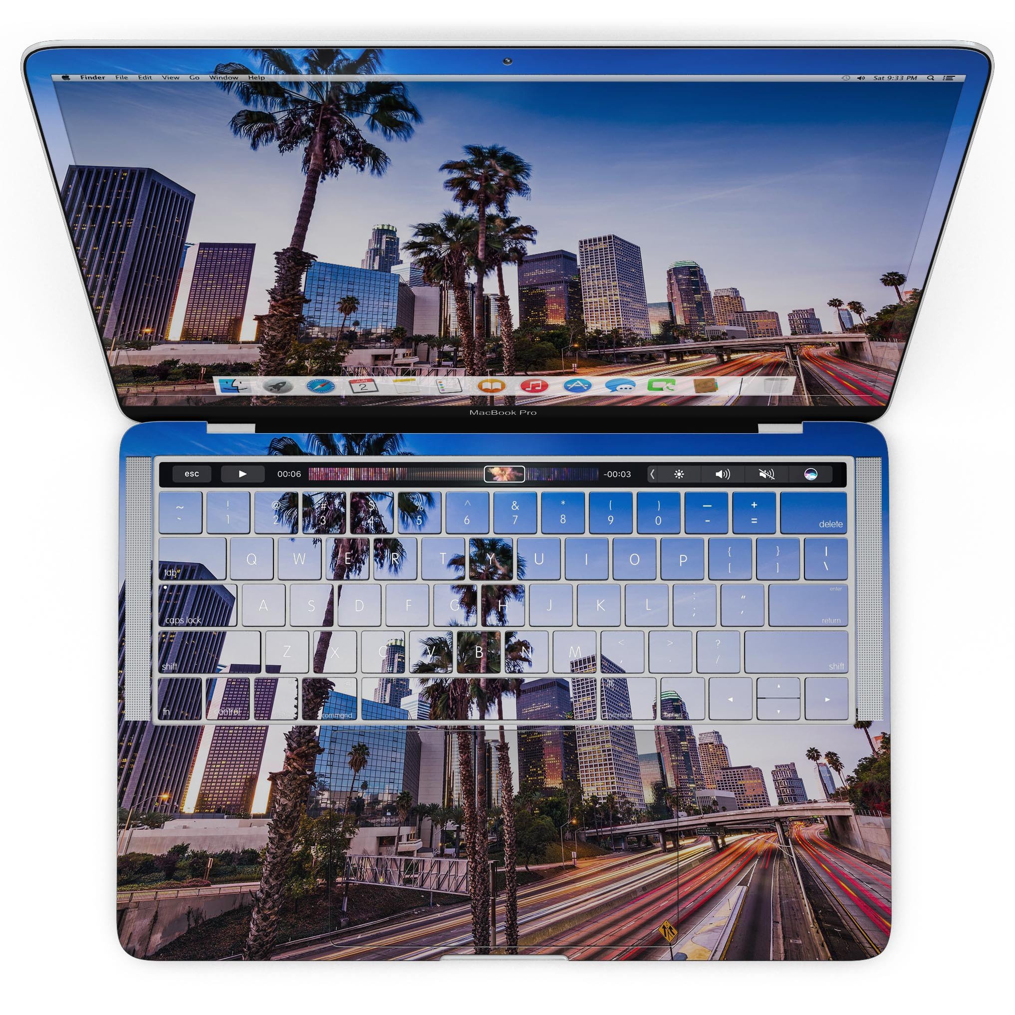 Downtown LA Life V2 skin kit for MacBook Pro with Touch Bar, showcasing vibrant design and premium vinyl material.