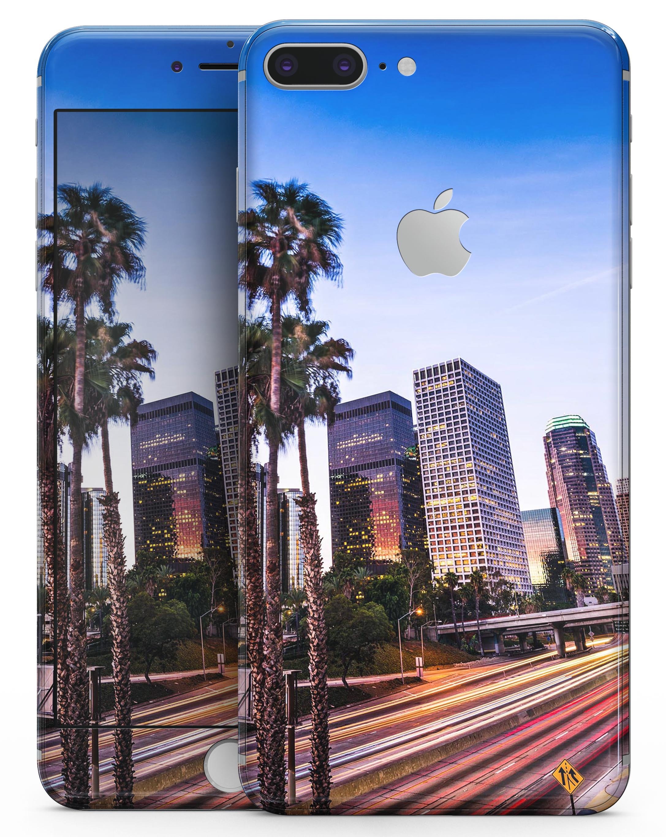 Downtown LA Life V2 skin-kit for iPhone 8 and 8 Plus, showcasing premium vinyl design with ultra-gloss and soft-matte finish options.