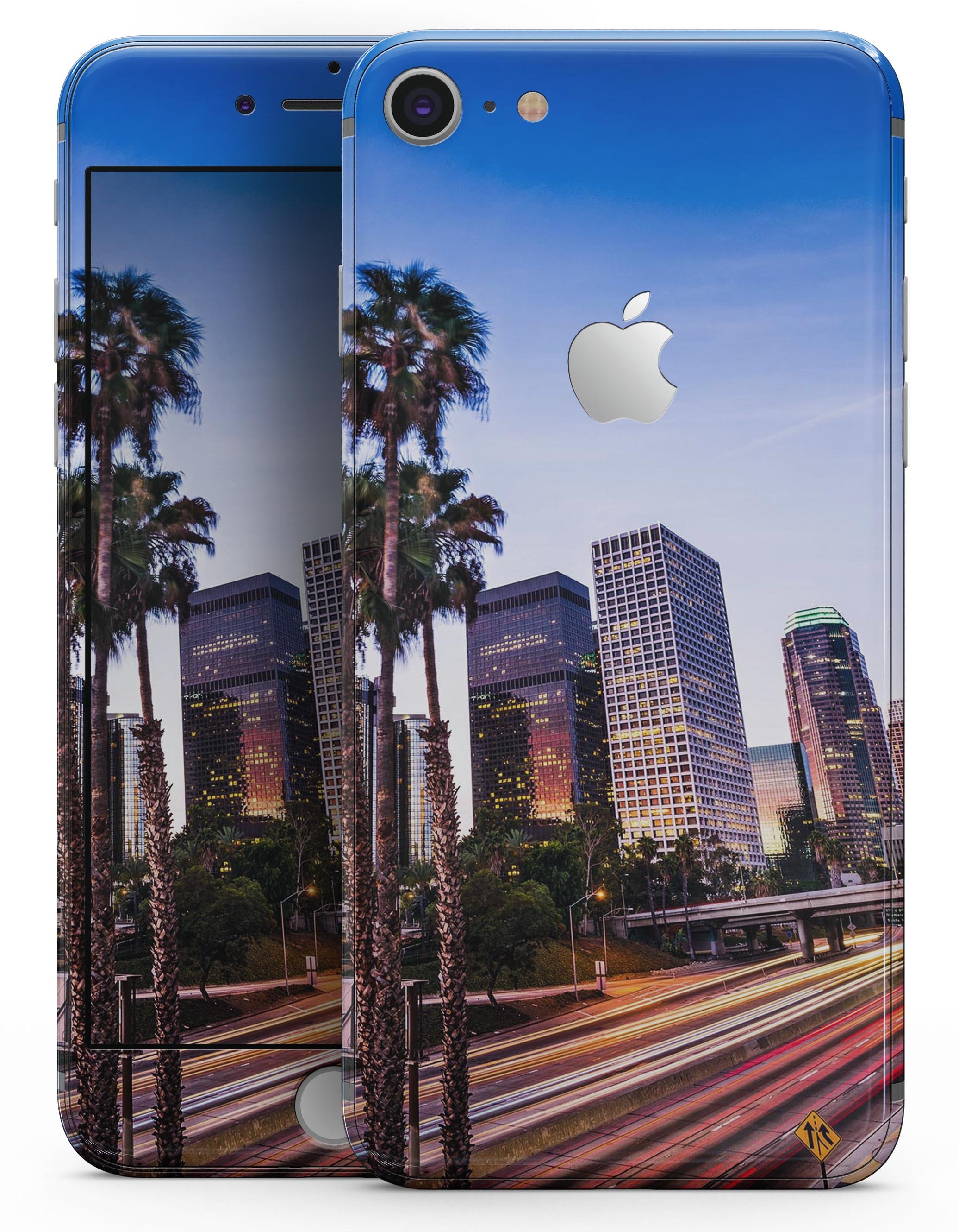 Downtown LA Life V2 skin-kit for iPhone 8 and 8 Plus, showcasing premium vinyl design with ultra-gloss and soft-matte finish options.