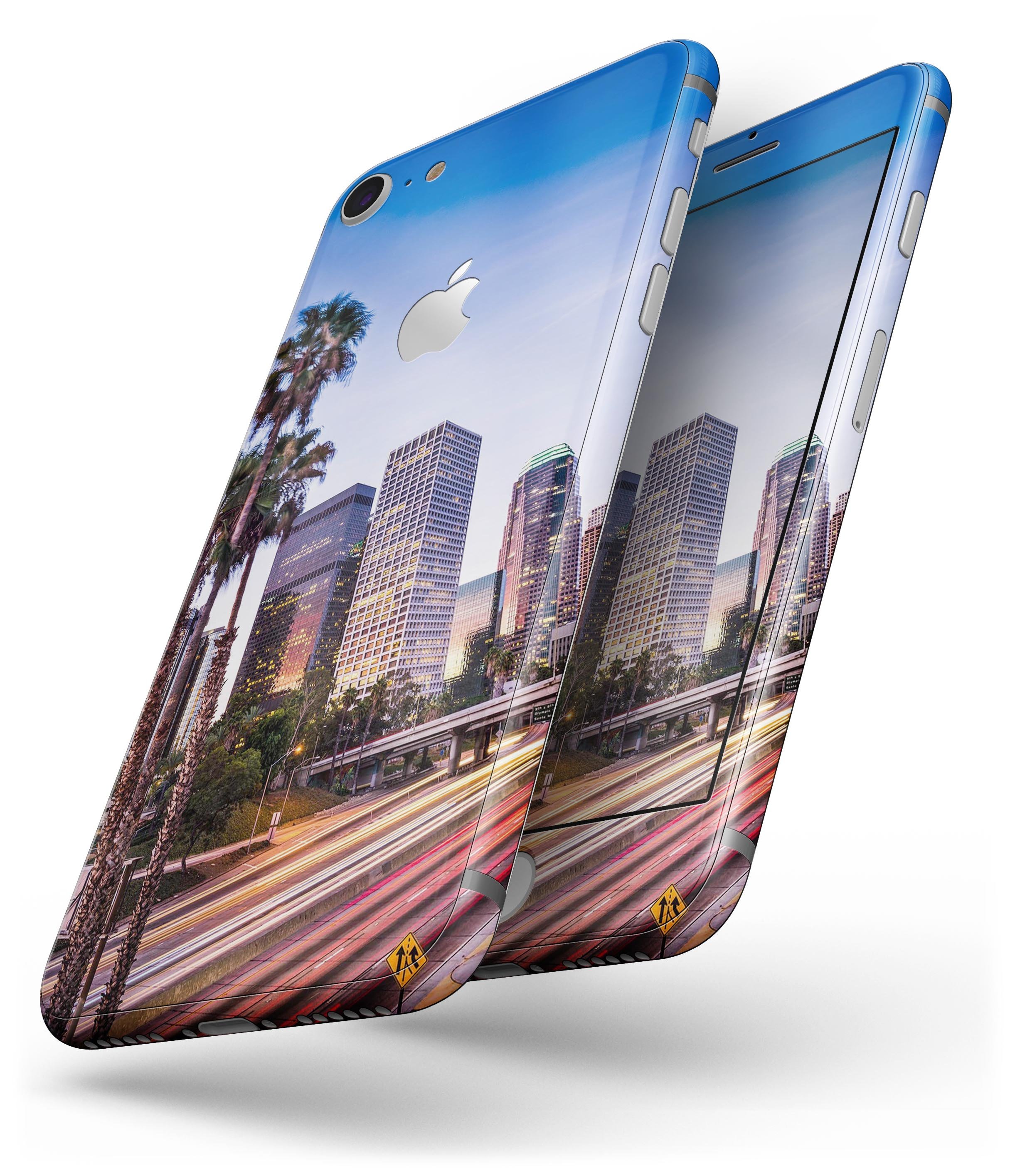 Downtown LA Life V2 skin-kit for iPhone 8 and 8 Plus, showcasing premium vinyl design with ultra-gloss and soft-matte finish options.