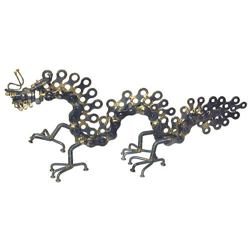 A handcrafted Dragon Junkyard Sculpture made from recycled metal scraps, showcasing intricate details and a whimsical design.