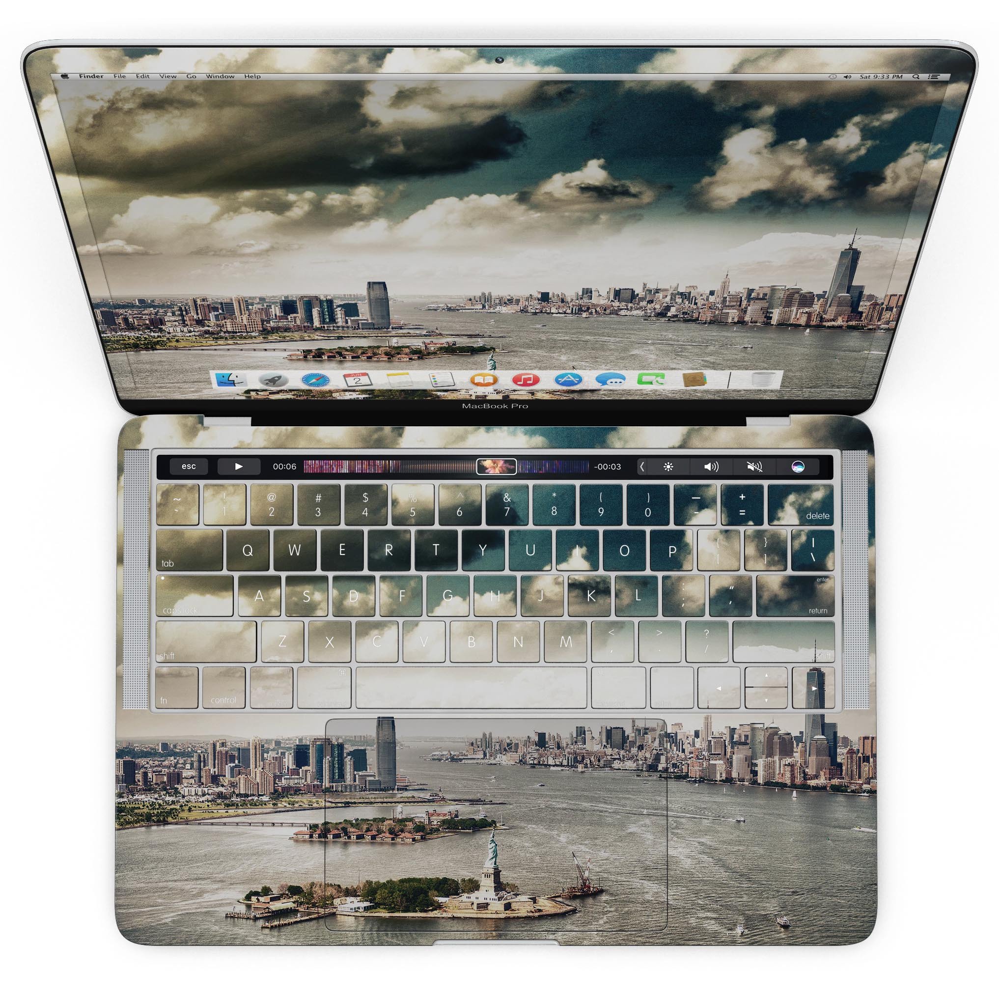 Drama NYC MacBook Pro with Touch Bar Skin Kit showcasing glossy and matte finishes, designed for 13" and 15" models.