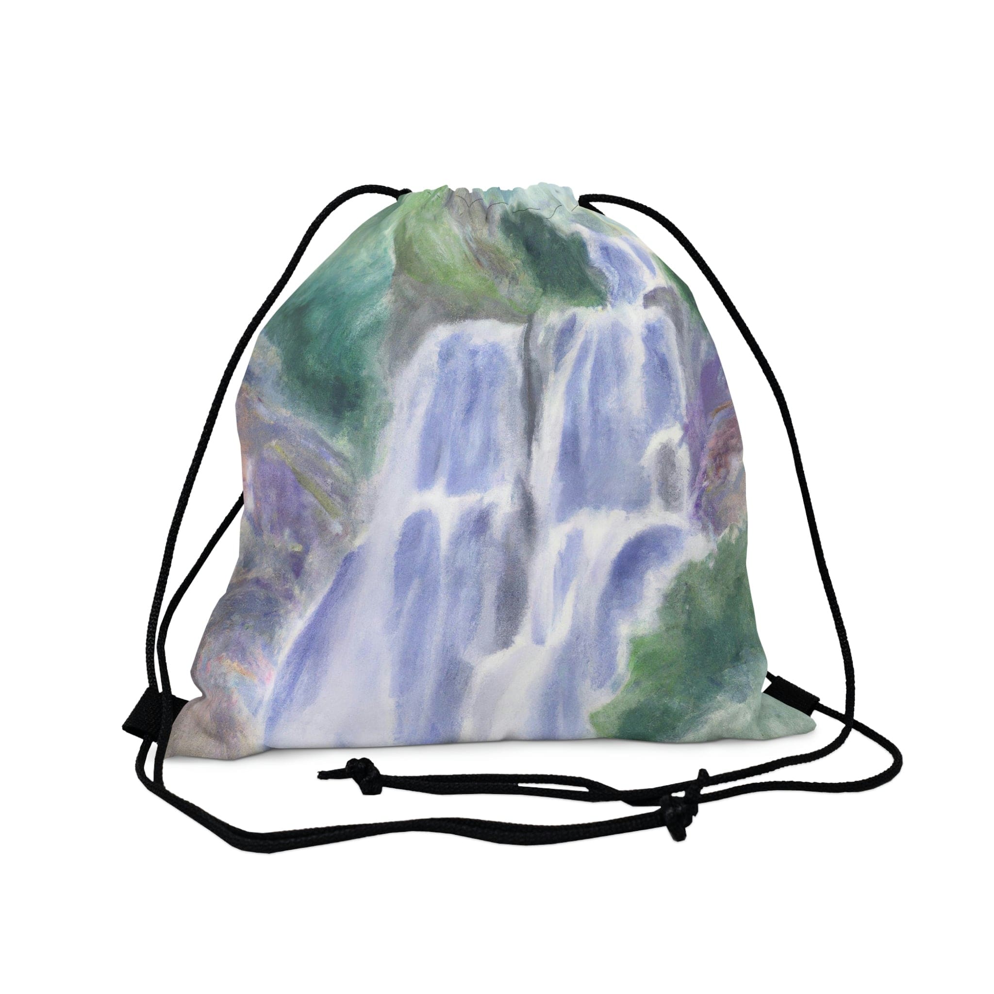 Purple watercolor drawstring bag featuring a waterfall and green landscape design, perfect for daily use.