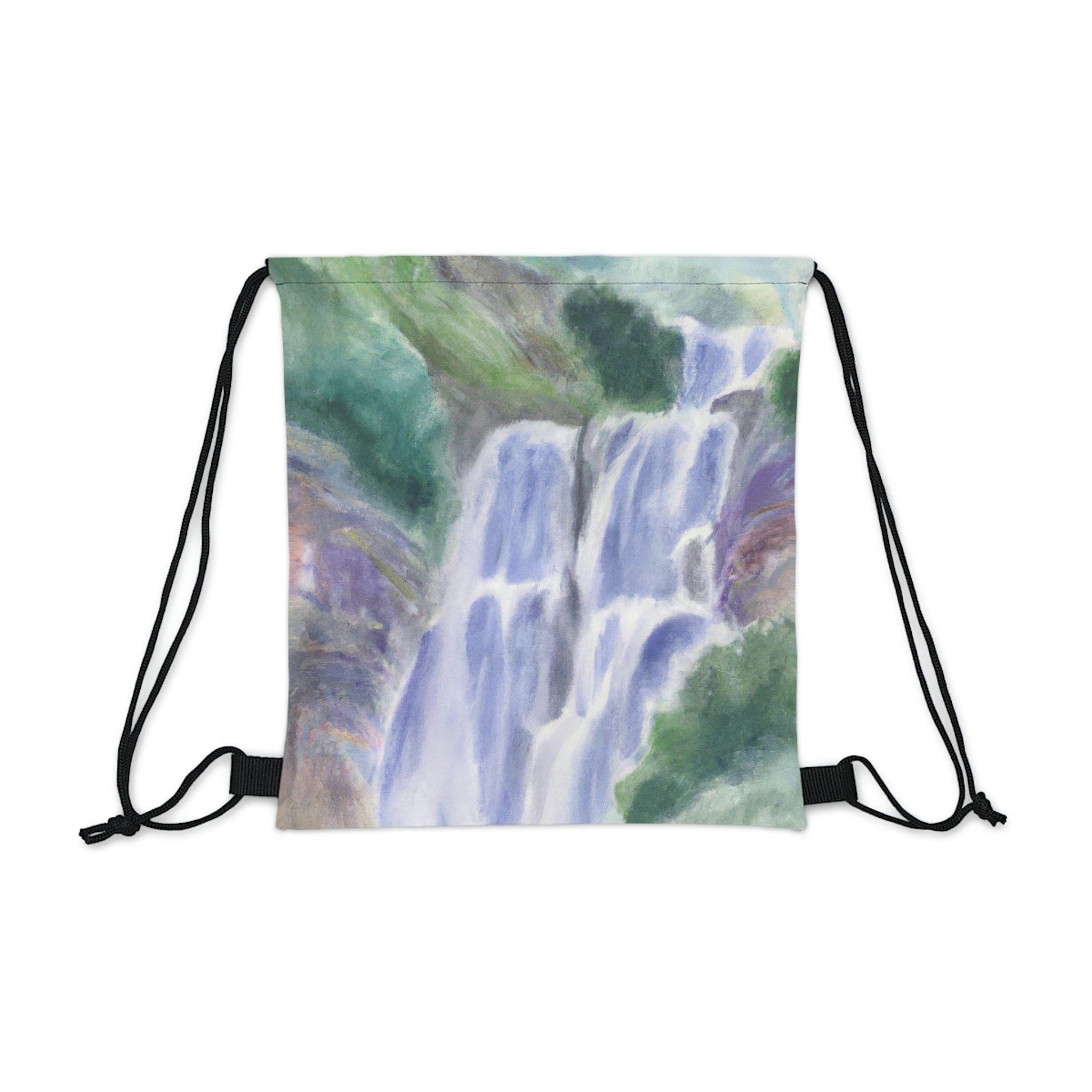 Purple watercolor drawstring bag featuring a waterfall and green landscape design, perfect for daily use.