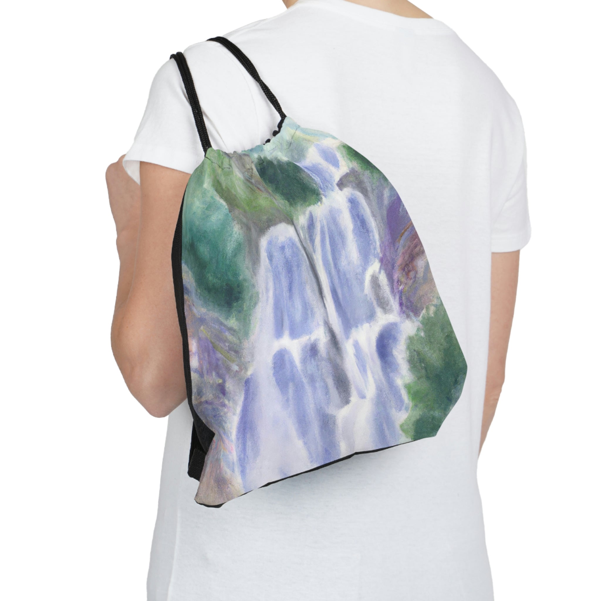 Purple watercolor drawstring bag featuring a waterfall and green landscape design, perfect for daily use.