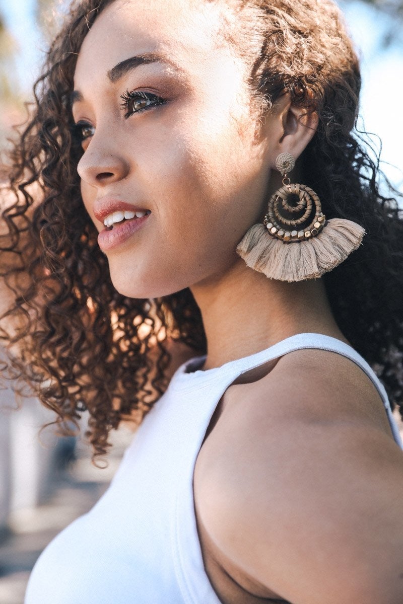 Elegant Dream Catcher Dangle Fan Earrings featuring gold beads and a unique fan design, perfect for any occasion.