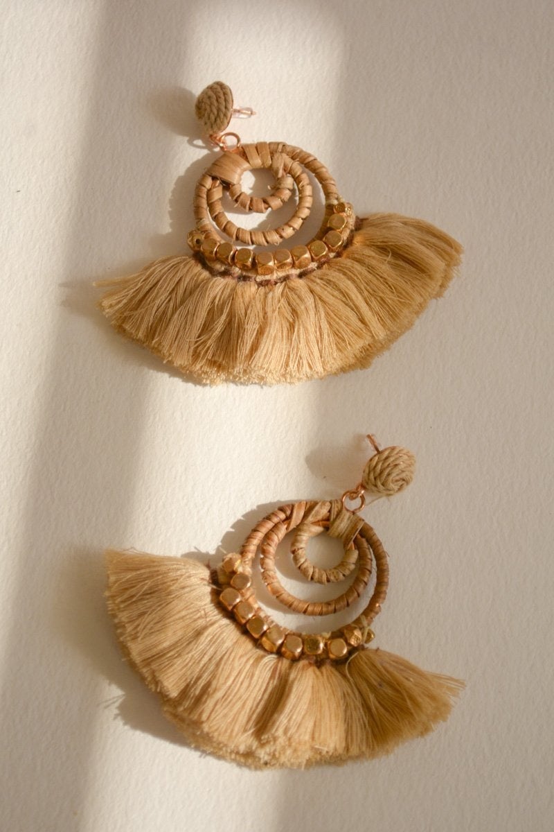 Elegant Dream Catcher Dangle Fan Earrings featuring gold beads and a unique fan design, perfect for any occasion.