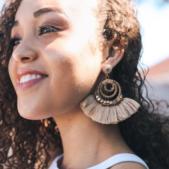 Elegant Dream Catcher Dangle Fan Earrings featuring gold beads and a unique fan design, perfect for any occasion.