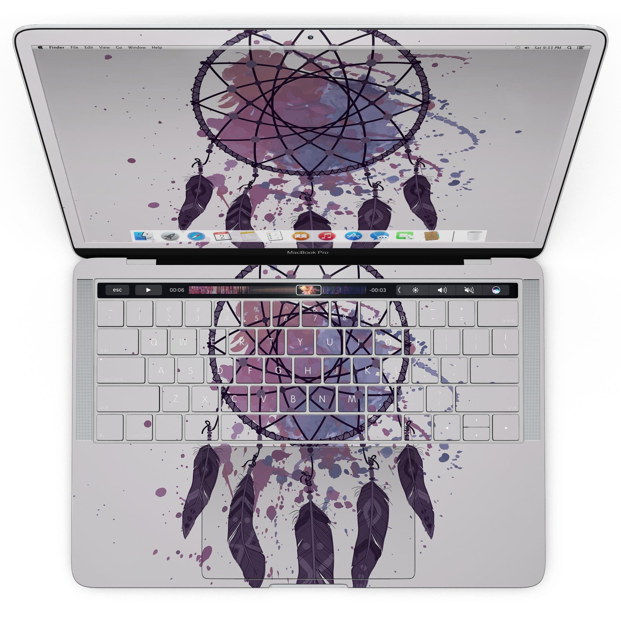 Dreamcatcher Splatter skin kit for MacBook Pro with Touch Bar, showcasing vibrant colors and unique design.