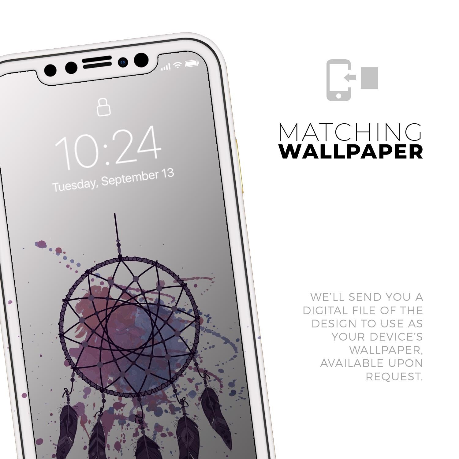 Dreamcatcher Splatter Skin-Kit for Apple iPhone 13, showcasing vibrant colors and unique design.