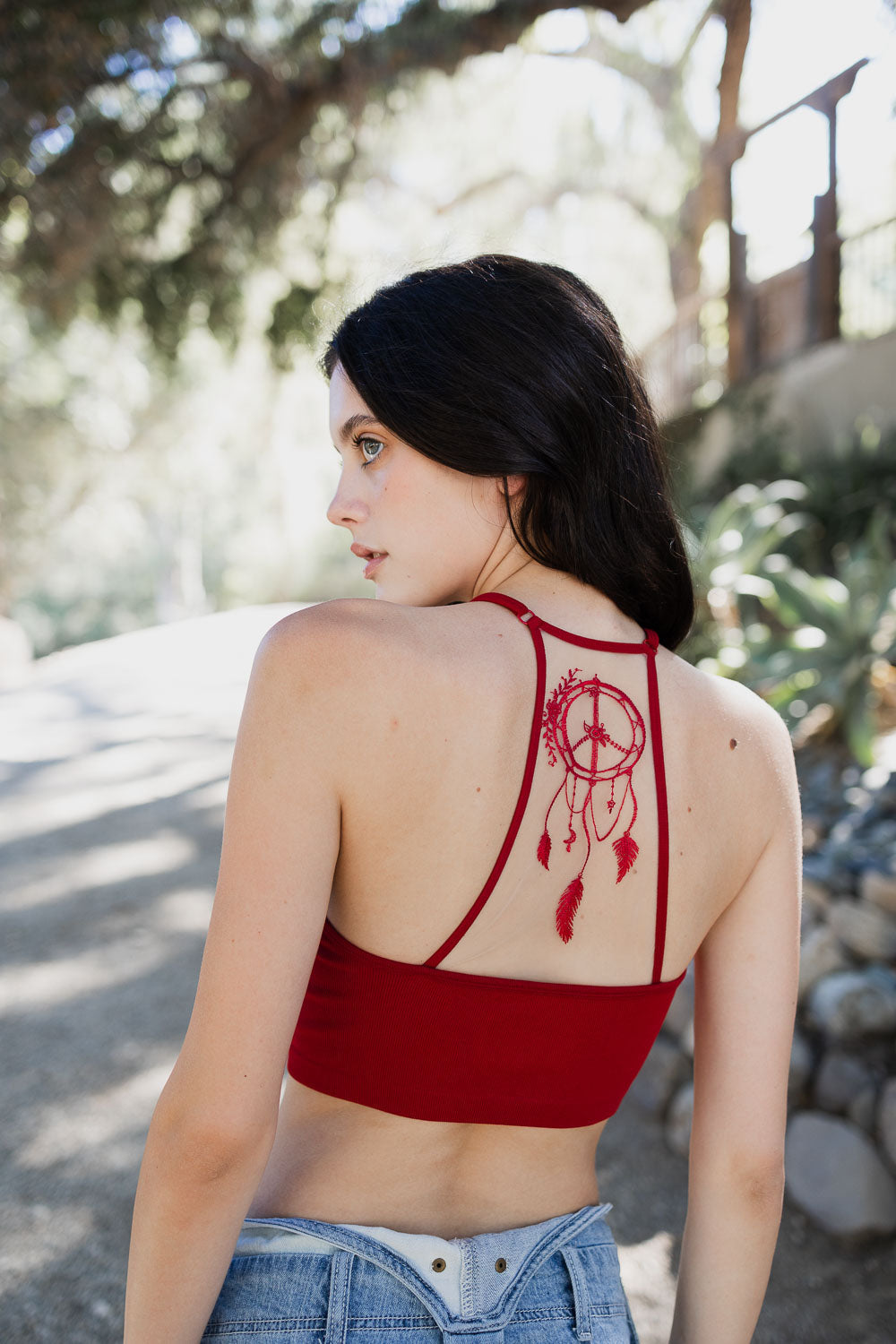 A stylish Dreamcatcher Tattoo Back Brami featuring a unique dreamcatcher design on the back, made from soft material, perfect for casual outings.