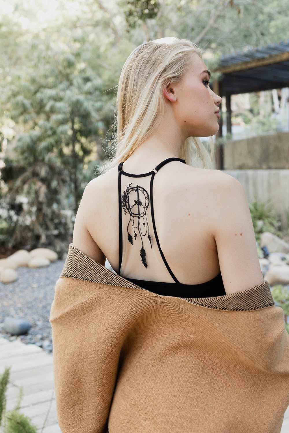 A stylish Dreamcatcher Tattoo Back Brami featuring a unique dreamcatcher design on the back, made from soft material, perfect for casual outings.