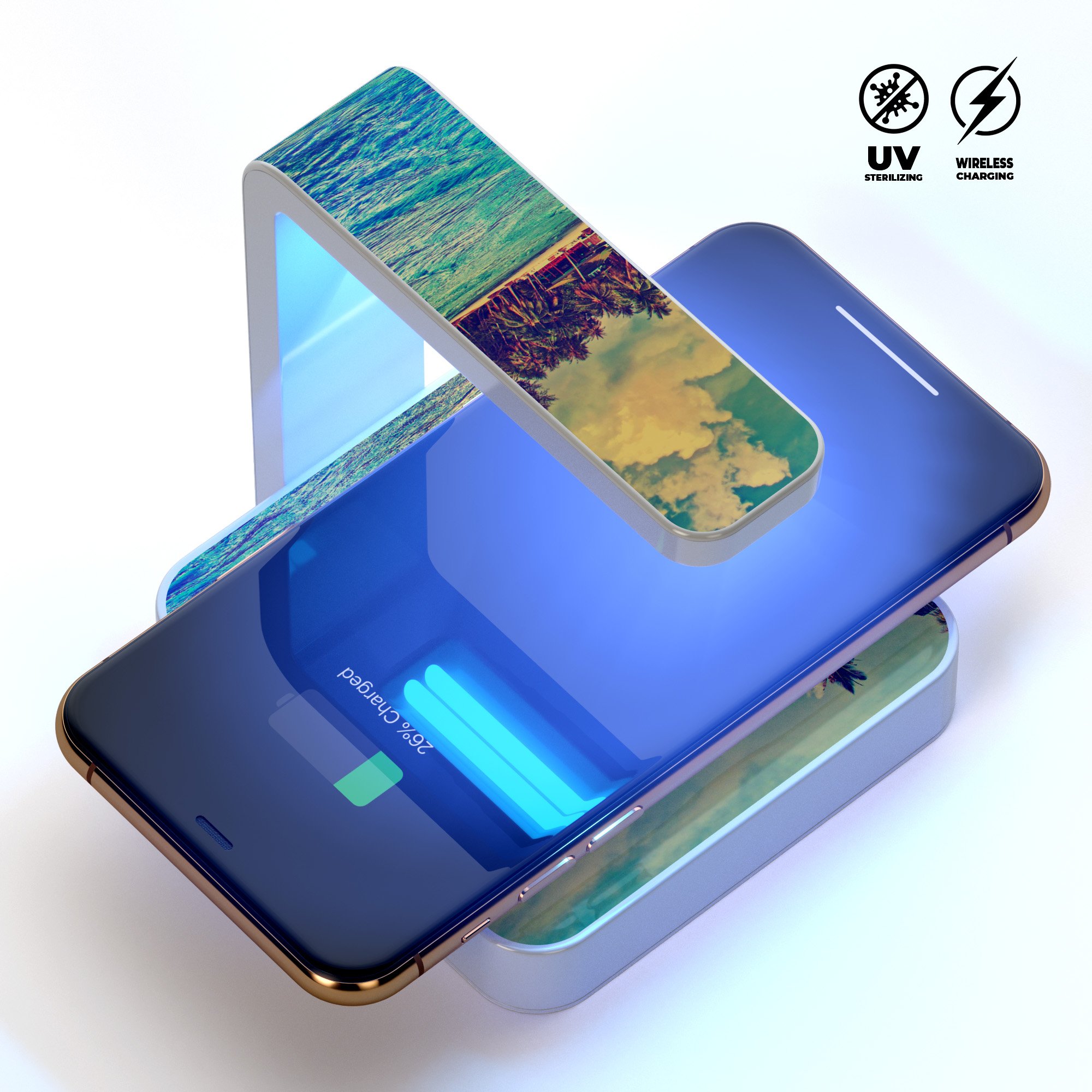 Dreamy Beach UV Germicidal Sanitizing Wireless Charger with phone placed on it, showcasing its sleek design and sterilizing lamp.