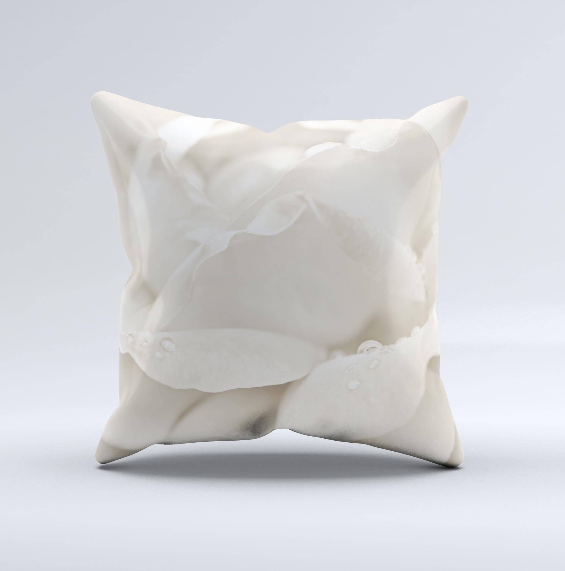 Drenched White Rose ink-Fuzed Decorative Throw Pillow showcasing a beautiful floral design on a soft fabric.