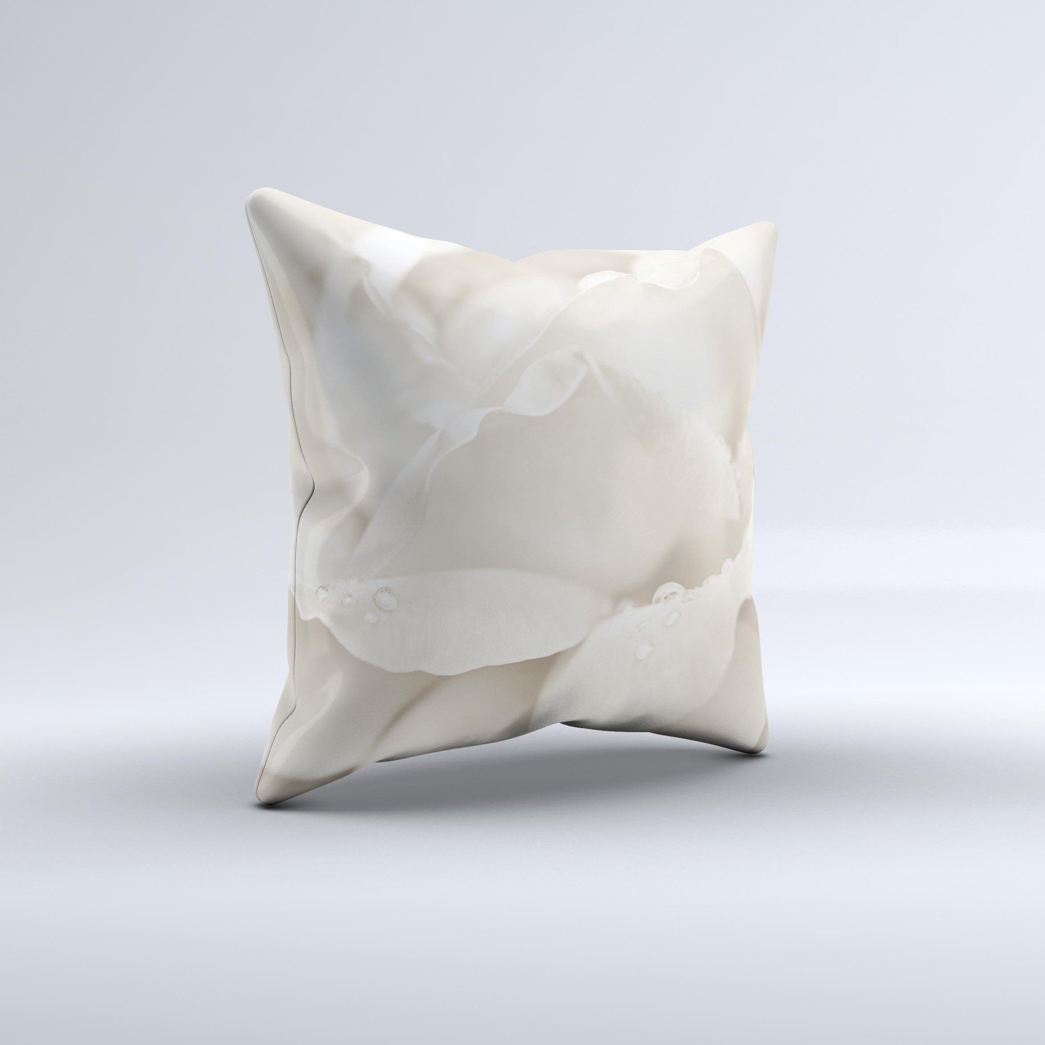 Drenched White Rose ink-Fuzed Decorative Throw Pillow showcasing a beautiful floral design on a soft fabric.