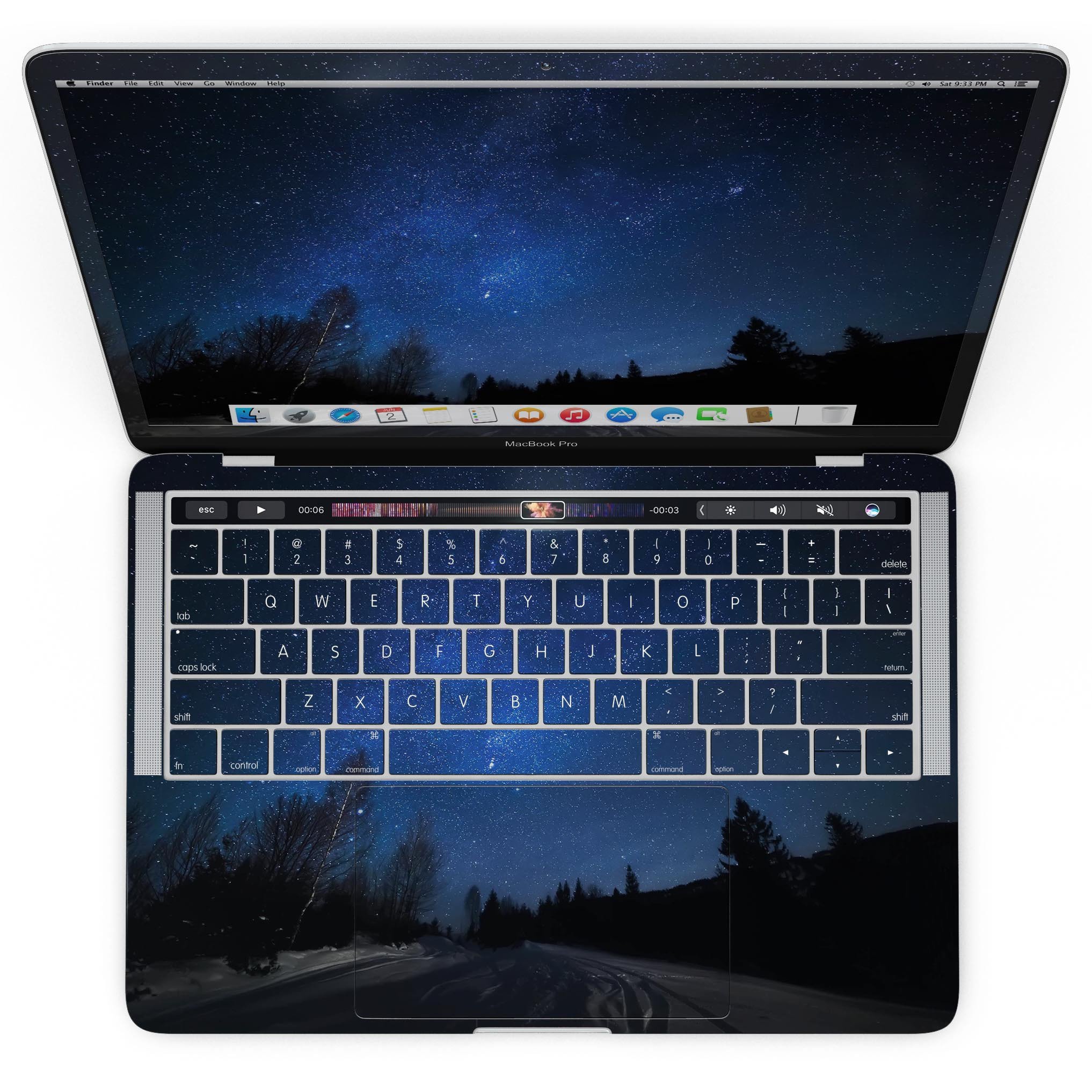 Drive all Night MacBook Pro Touch Bar Skin Kit showcasing a stylish design with premium vinyl finish.