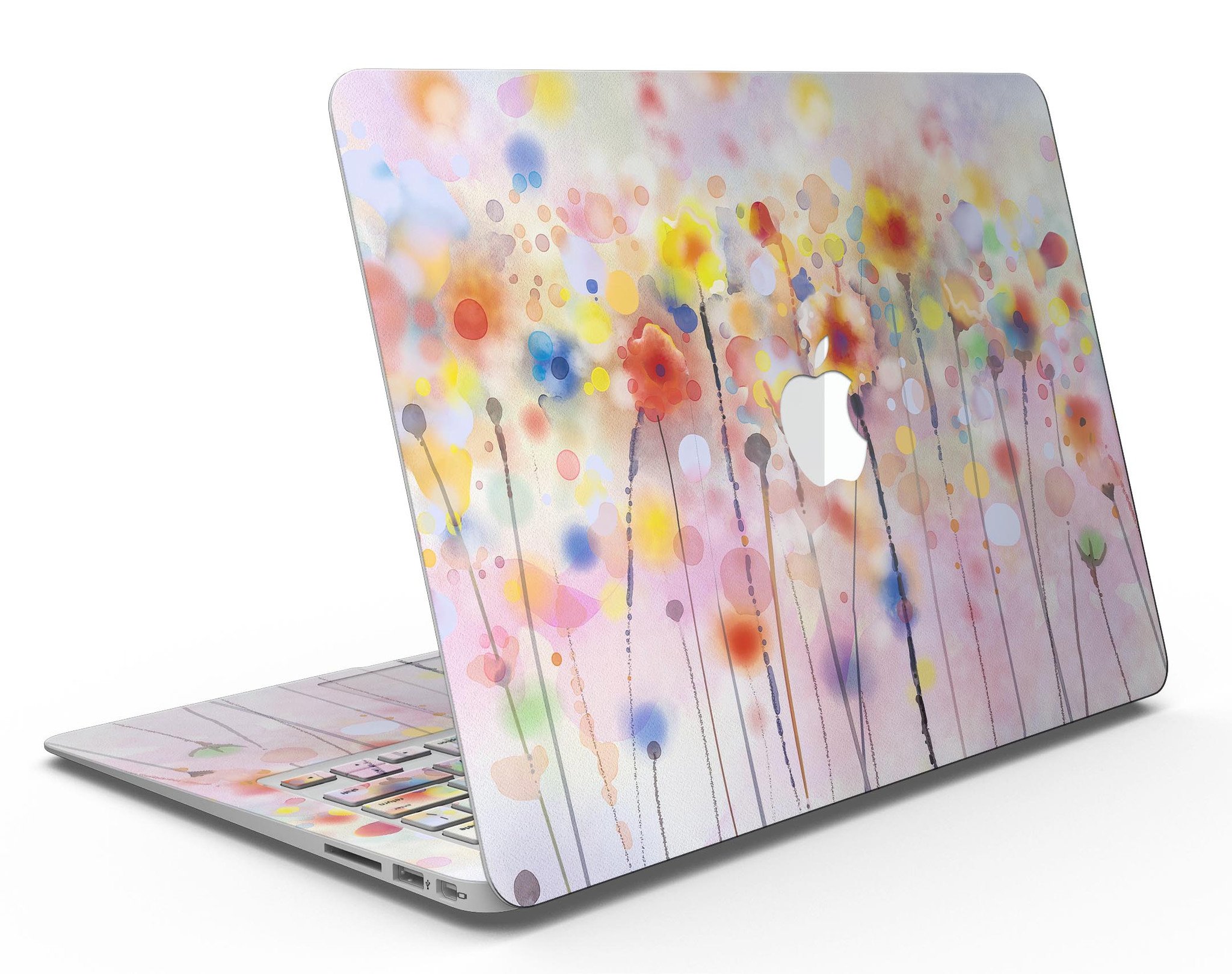 Drizzle Watercolor Flowers V1 MacBook Air Skin Kit showcasing vibrant floral design on a sleek MacBook Air.