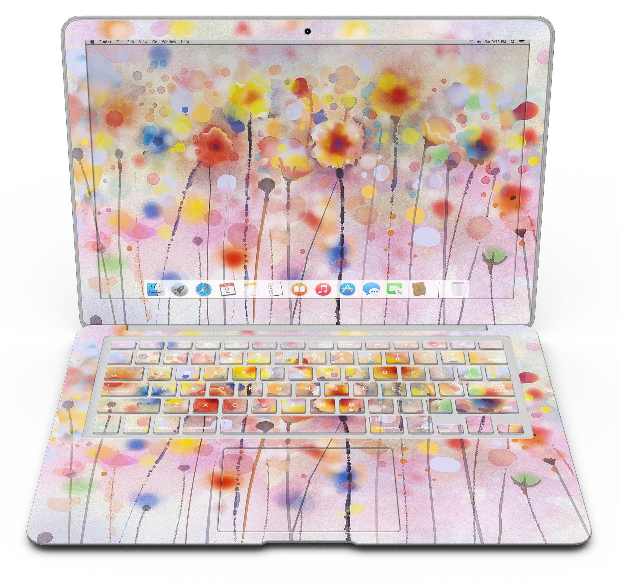 Drizzle Watercolor Flowers V1 MacBook Air Skin Kit showcasing vibrant floral design on a sleek MacBook Air.