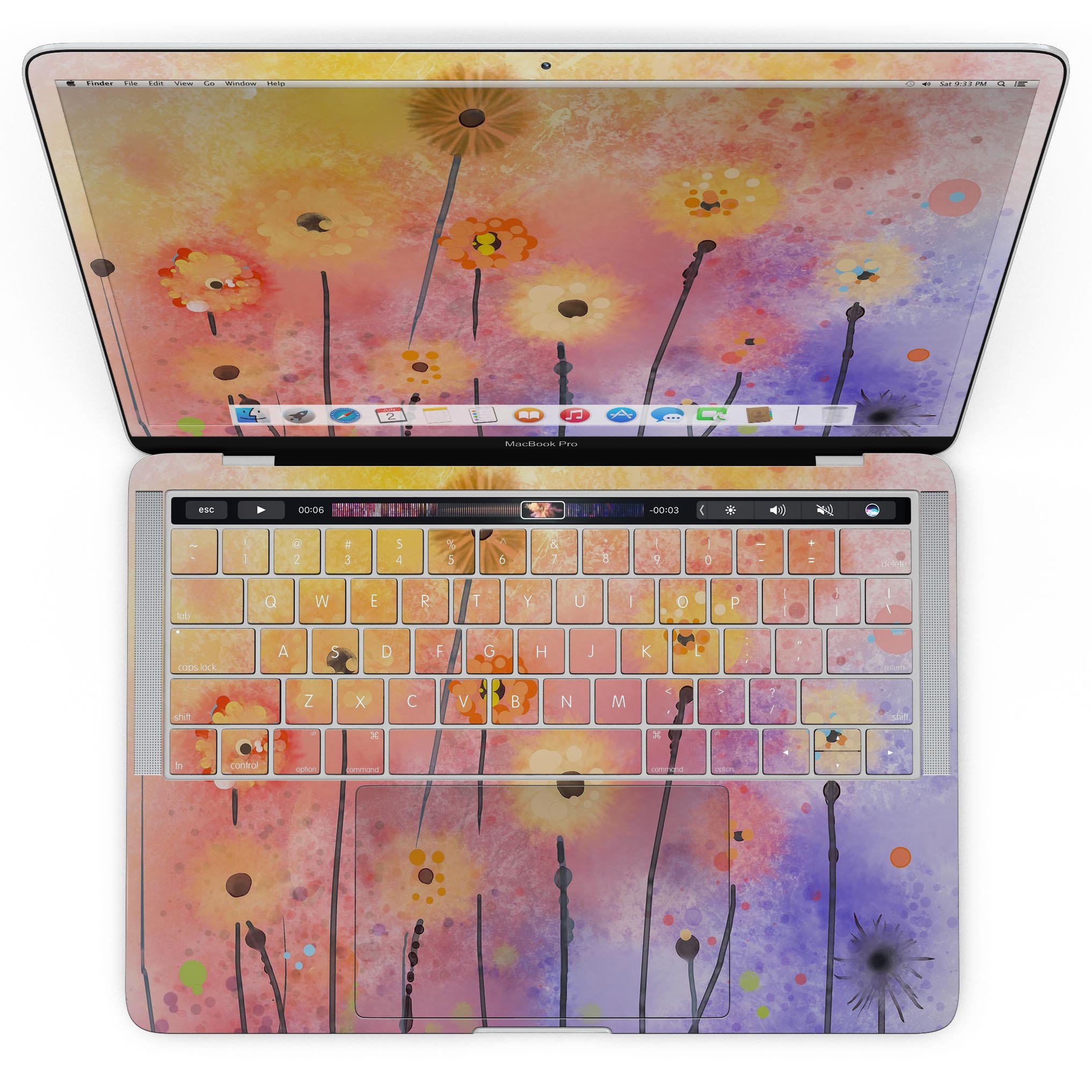 Drizzle Watercolor Flowers V2 skin for MacBook Pro, showcasing vibrant floral design on a sleek device.