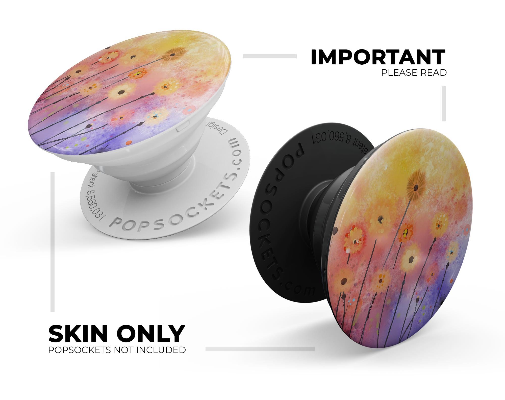 Drizzle Watercolor Flowers V2 Skin Kit for PopSockets, showcasing vibrant floral design on premium vinyl.