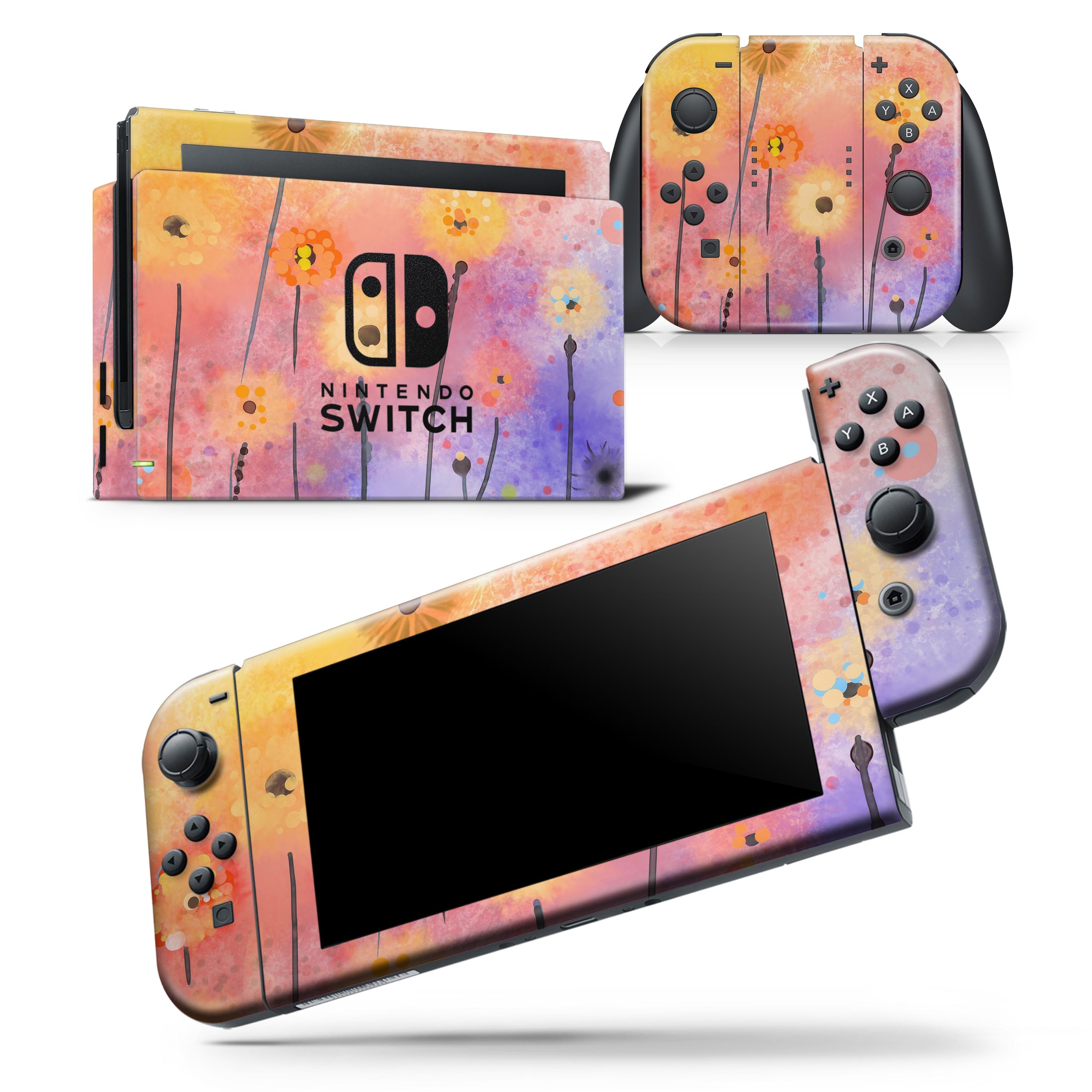 Drizzle Watercolor Flowers V2 skin wrap decal for Nintendo Switch, showcasing vibrant floral design on console and controllers.