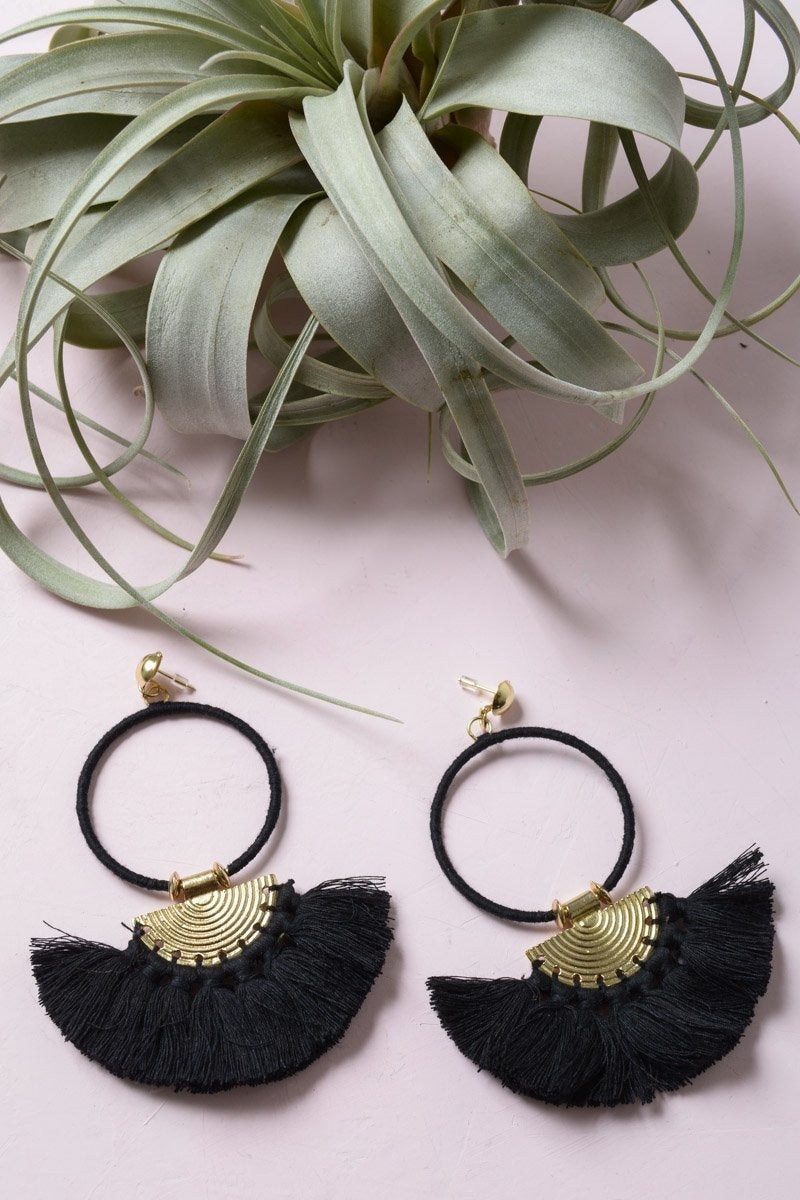 Colorful Drop Tassel Fan Earrings featuring vibrant tassels and a brass base, perfect for a bohemian look.