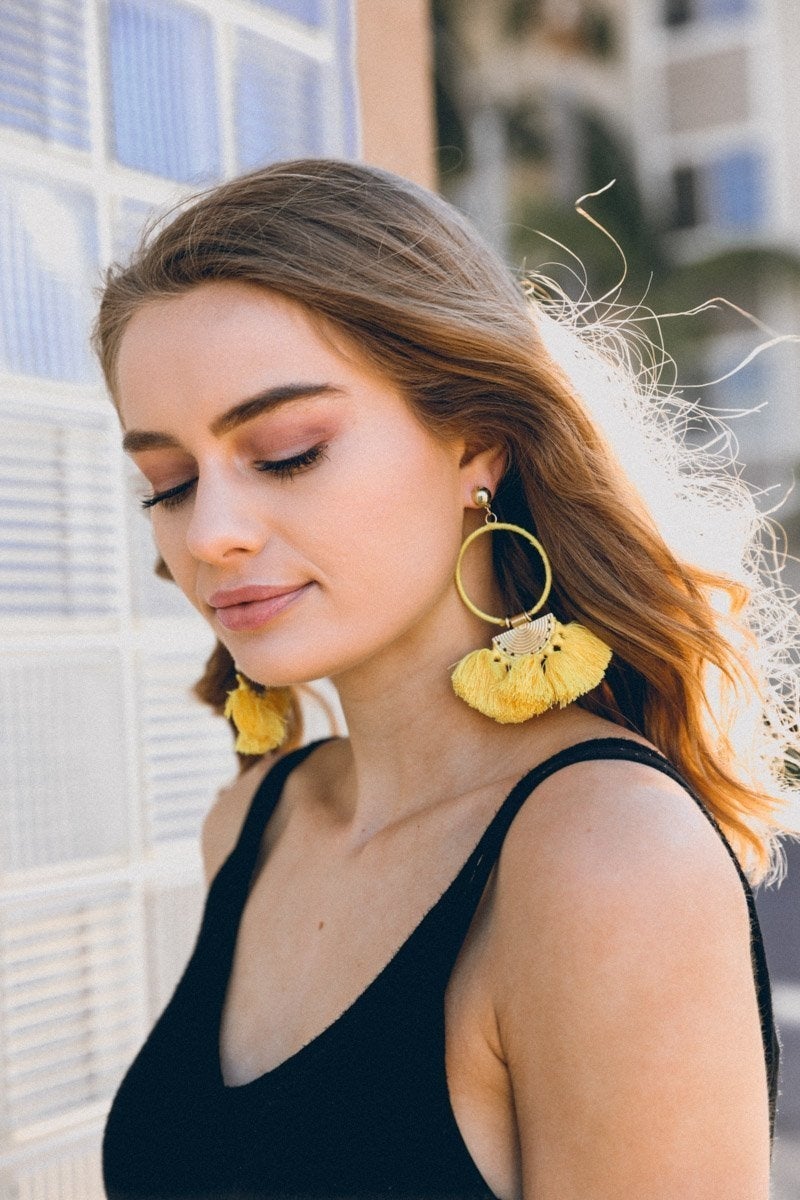 Colorful Drop Tassel Fan Earrings featuring vibrant tassels and a brass base, perfect for a bohemian look.