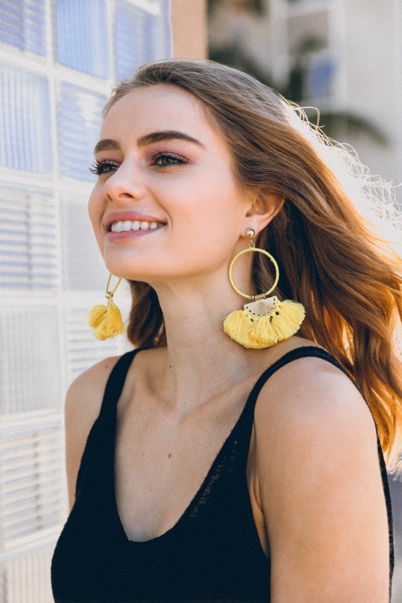 Colorful Drop Tassel Fan Earrings featuring vibrant tassels and a brass base, perfect for a bohemian look.