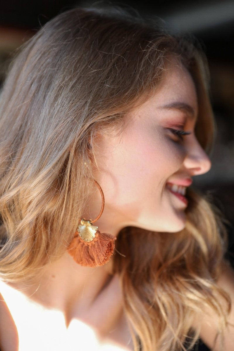 Colorful Drop Tassel Fan Earrings featuring vibrant tassels and a brass base, perfect for a bohemian look.