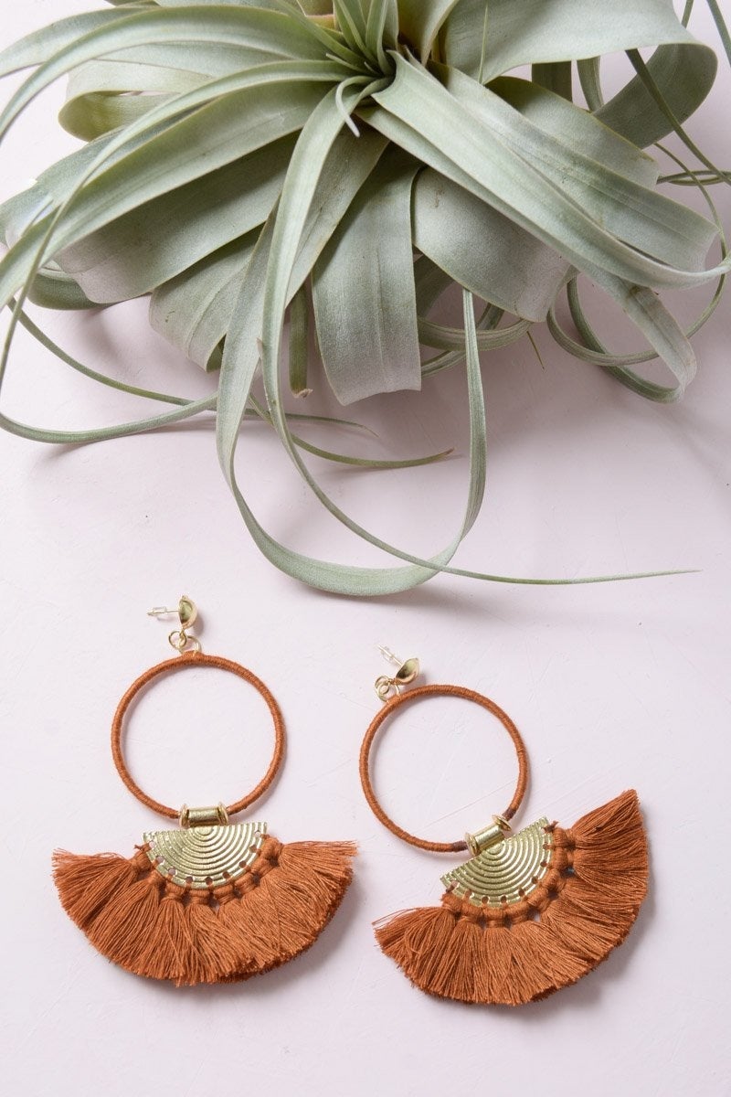 Colorful Drop Tassel Fan Earrings featuring vibrant tassels and a brass base, perfect for a bohemian look.