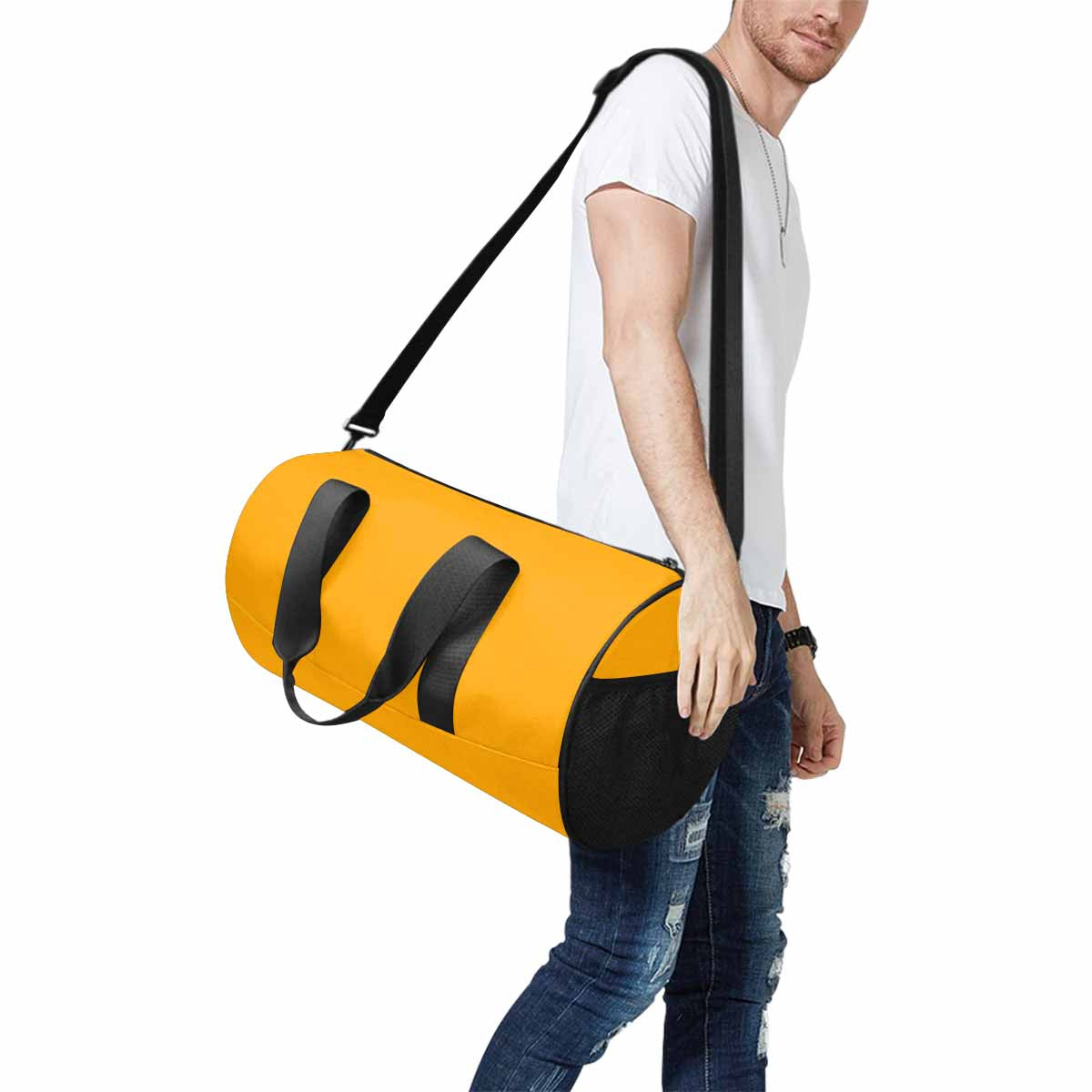 Bright orange duffel bag with waterproof fabric, spacious compartments, and adjustable shoulder strap, perfect for travel and outdoor activities.