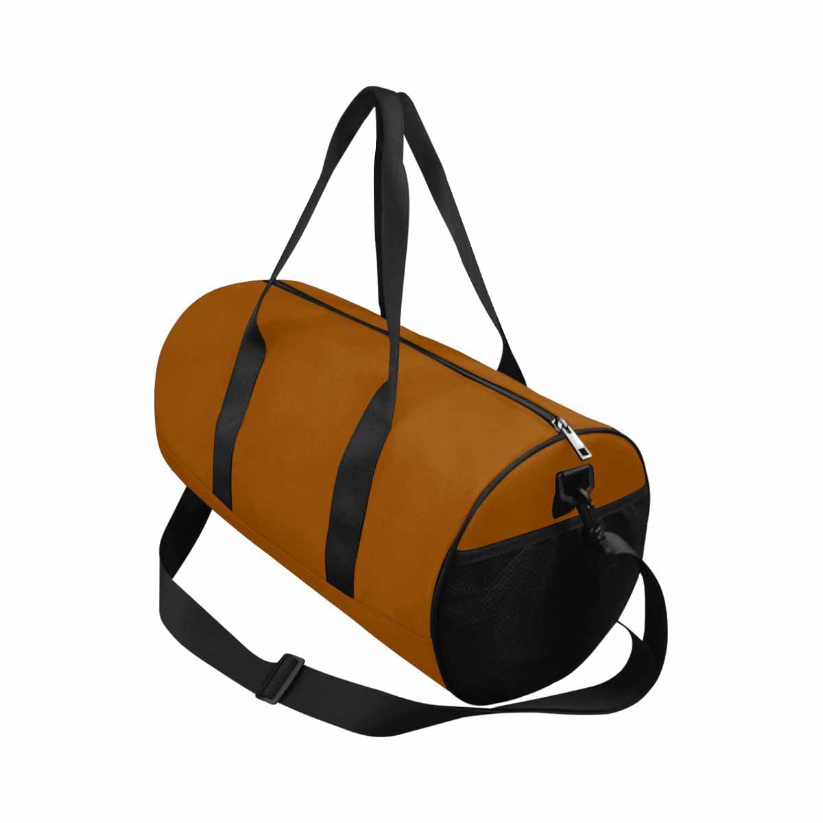 Brown travel duffel bag made from waterproof fabric, featuring a spacious main compartment and adjustable shoulder strap.