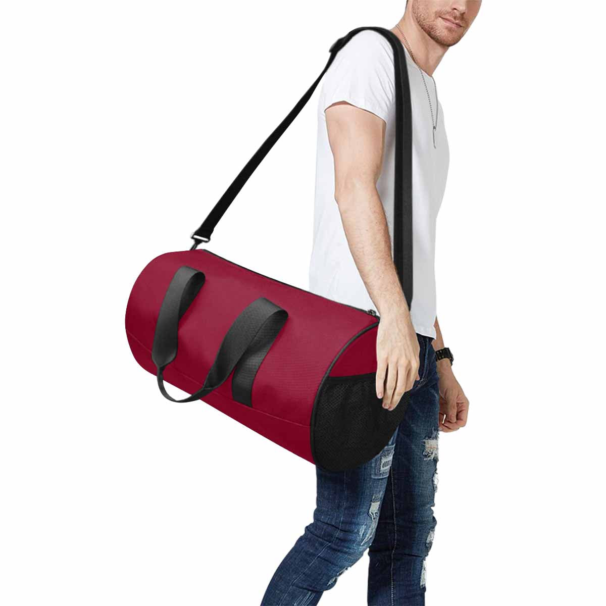 Burgundy Red Duffel Bag with waterproof fabric, spacious compartments, and adjustable shoulder strap, ideal for travel and outdoor activities.