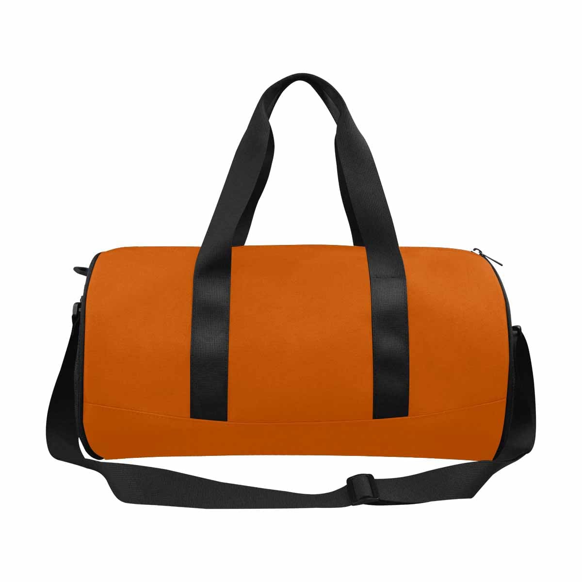 Burnt orange duffel bag with waterproof fabric, spacious compartments, and adjustable shoulder strap, ideal for travel and outdoor activities.