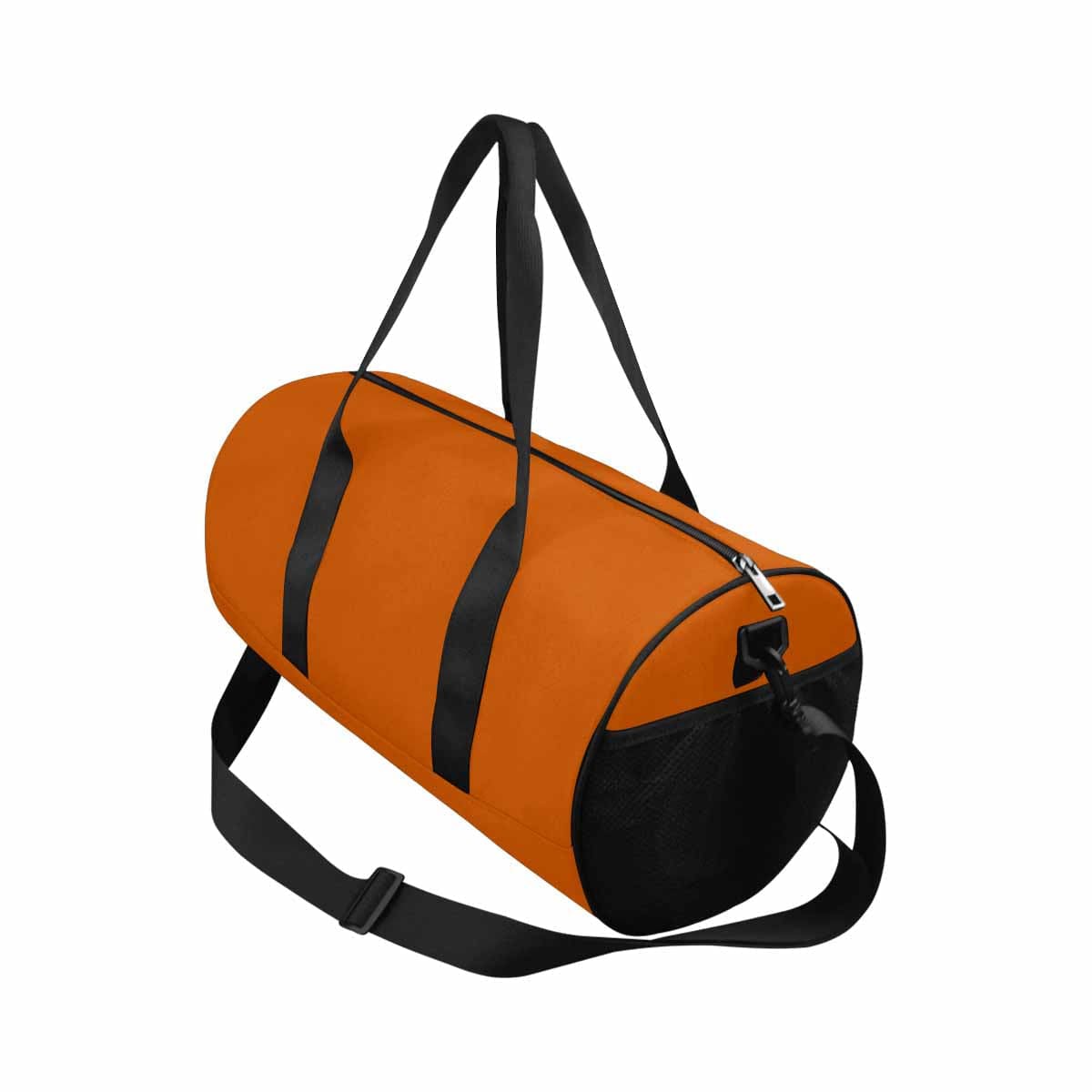 Burnt orange duffel bag with waterproof fabric, spacious compartments, and adjustable shoulder strap, ideal for travel and outdoor activities.