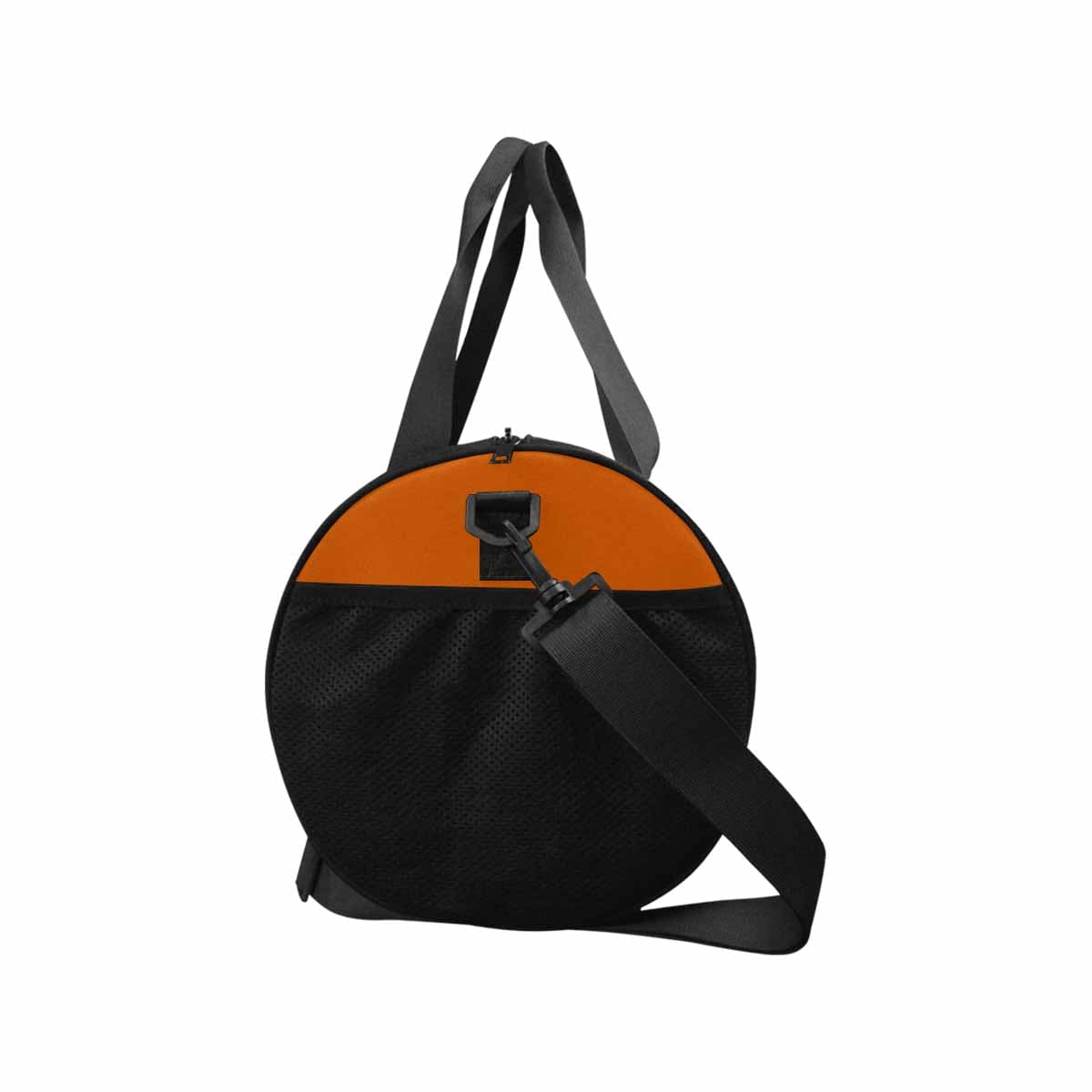 Burnt orange duffel bag with waterproof fabric, spacious compartments, and adjustable shoulder strap, ideal for travel and outdoor activities.