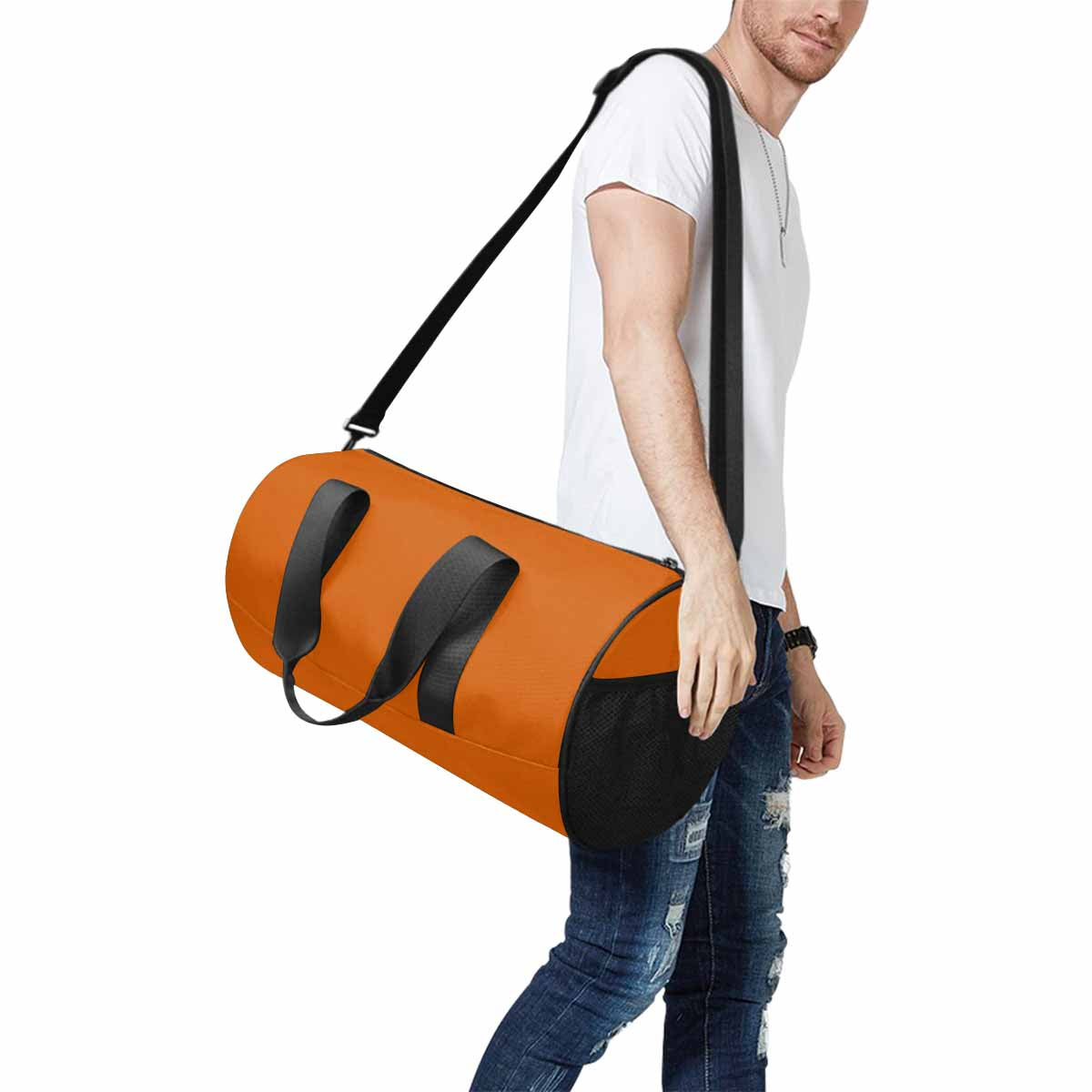 Burnt orange duffel bag with waterproof fabric, spacious compartments, and adjustable shoulder strap, ideal for travel and outdoor activities.