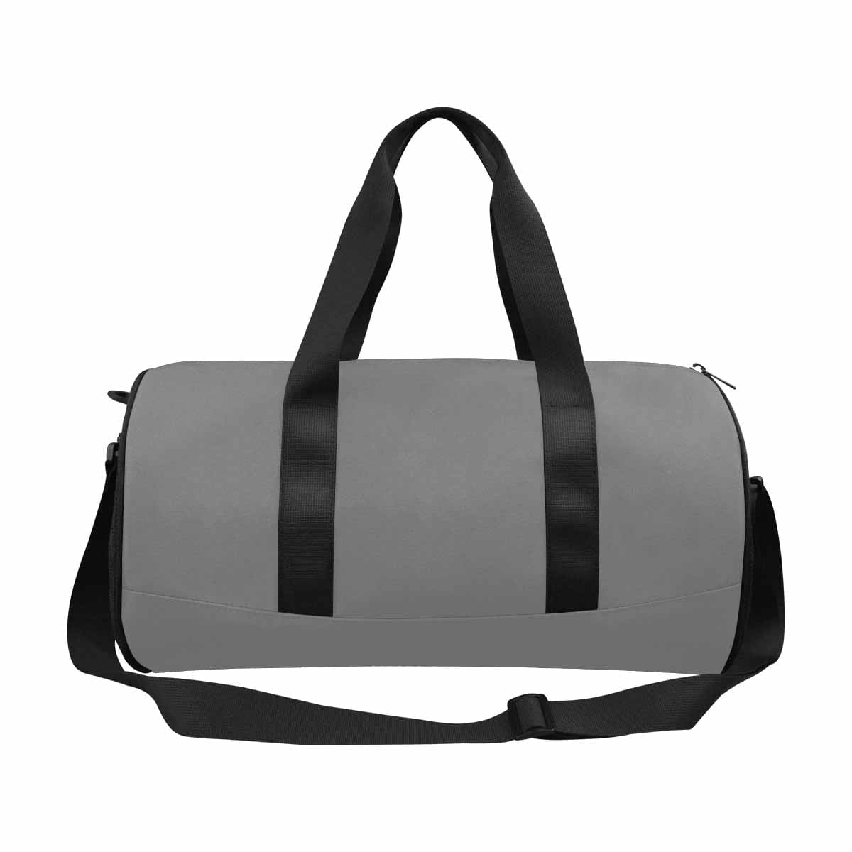 Gray travel duffel bag made from waterproof fabric, featuring a spacious main compartment and adjustable shoulder strap.