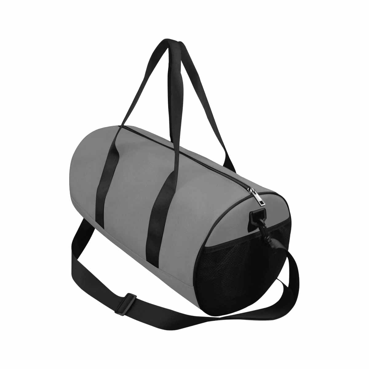 Gray travel duffel bag made from waterproof fabric, featuring a spacious main compartment and adjustable shoulder strap.